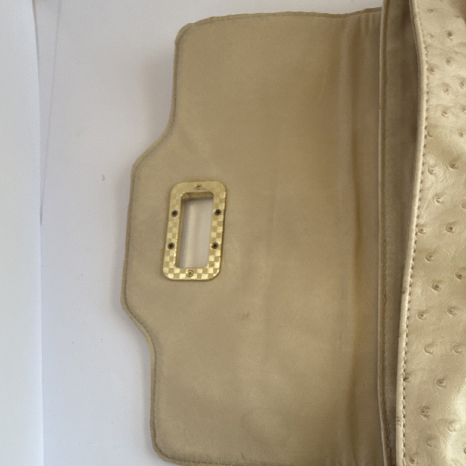 ALDO Beige Ostrich Embossed Clutch Bamboo Turn Lock Gold Hardware
