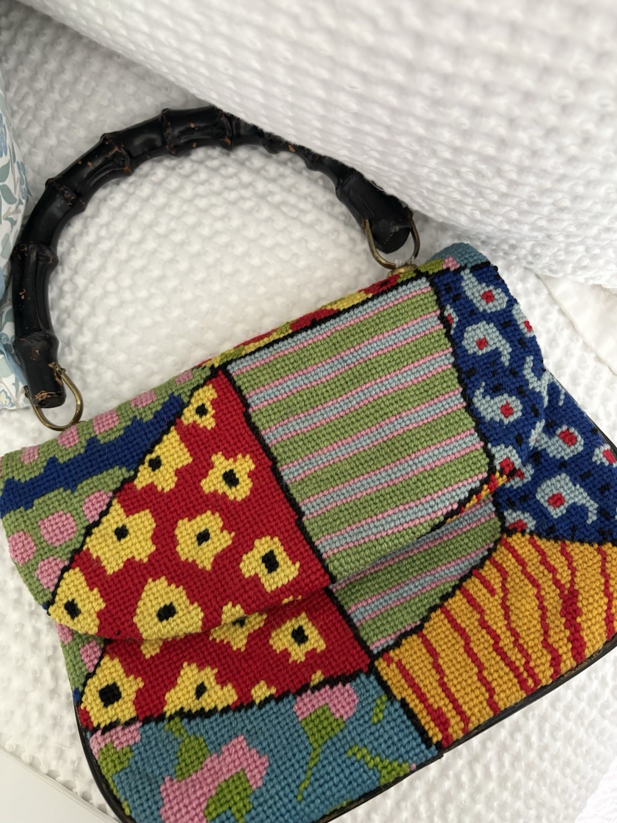 Vintage 1960s Floral Needlepoint Patchwork Bamboo Top Handle Carpet Bag Purse