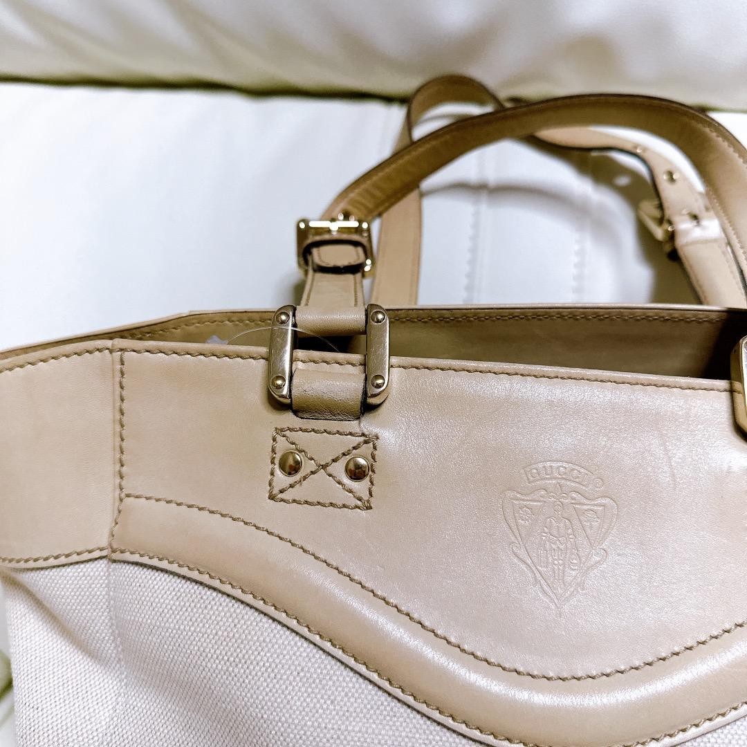 GUCCI Canvas Leather Tote Bag Beige Women Auth 10.62 x 10.23 x 4.72inch
