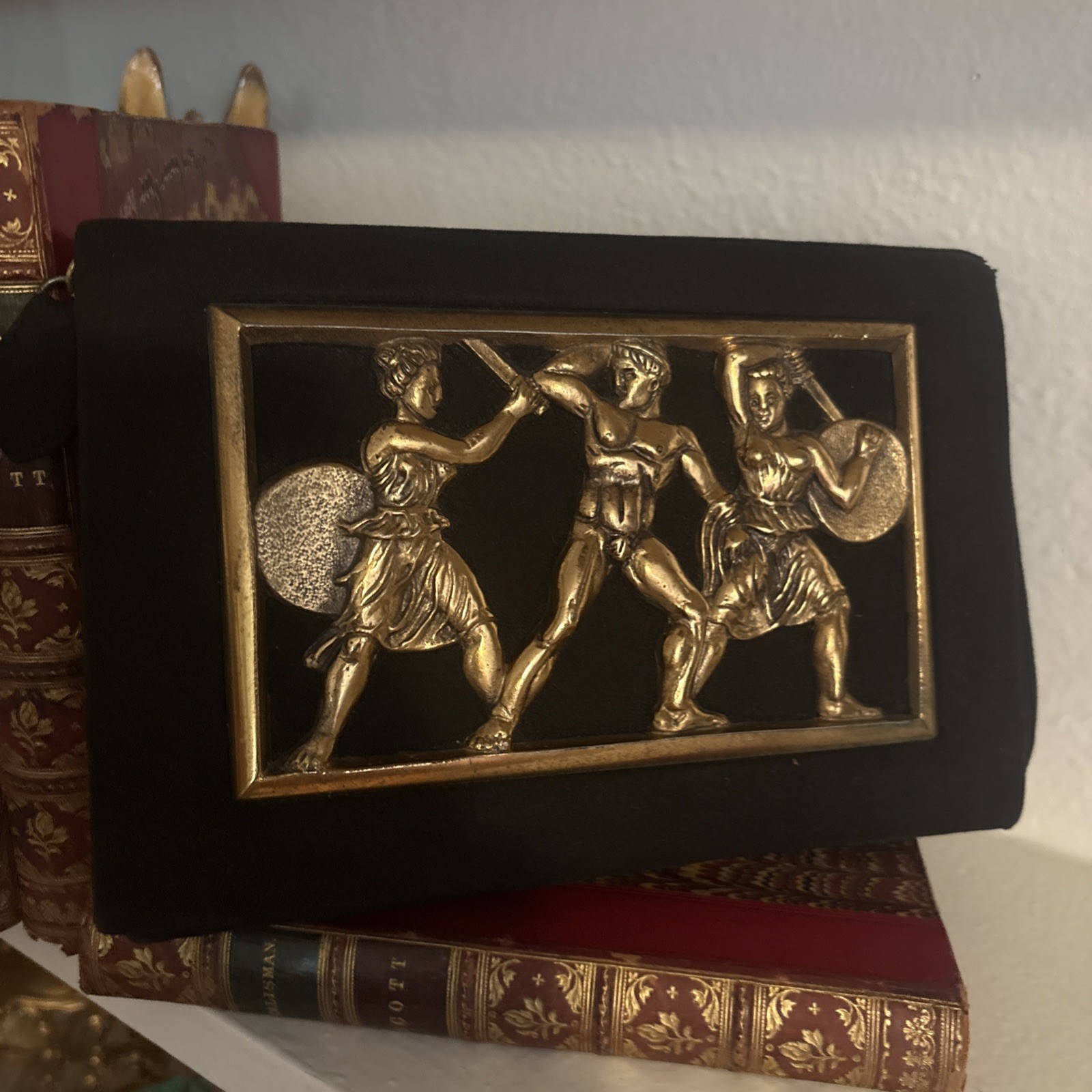 RARE HARRY ROSENFELD Suede Clutch Evening Bag Brass with Roman Gladiators