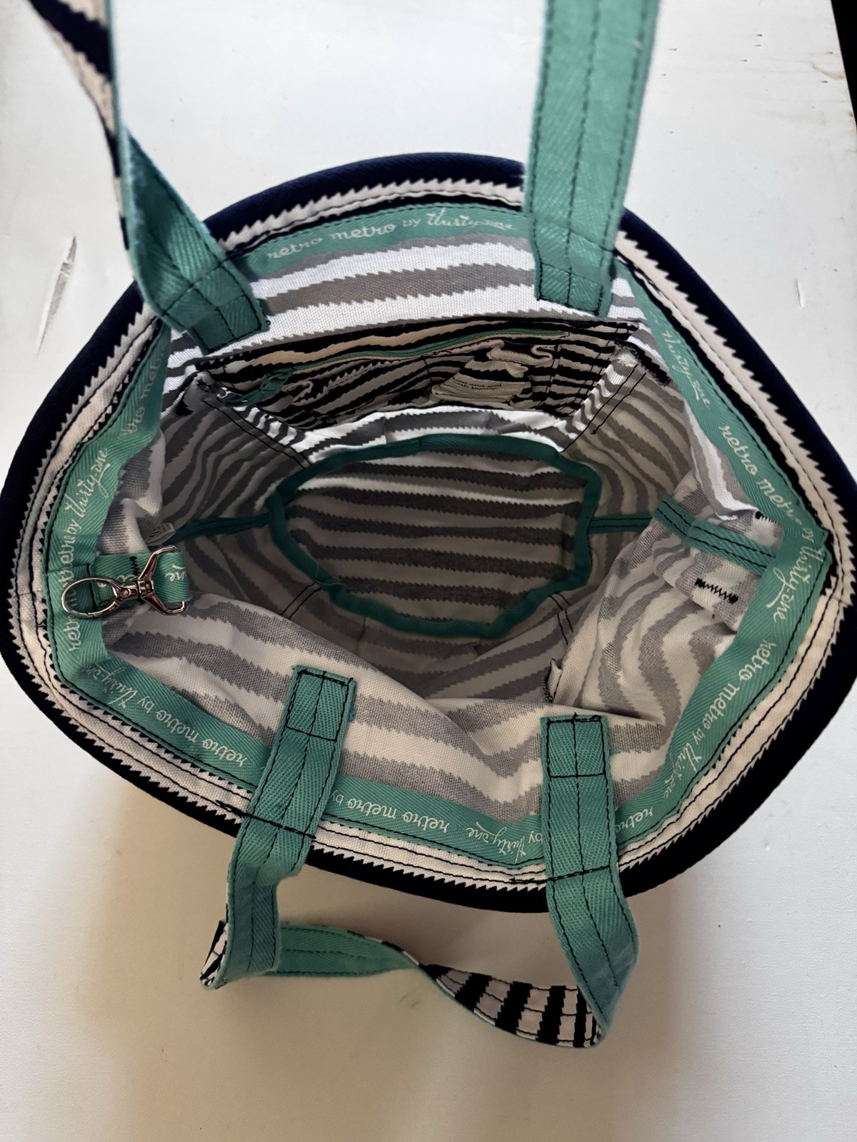 Thirty One Retro Metro Double Handle Shoulder Bag Tote, Navy & White Striped