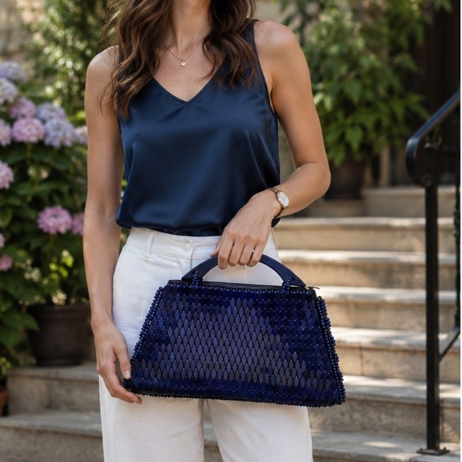 Stunning Wood Bead Diamond Cut Clutch Handbag Purse With Wood Handle Cobalt Blue