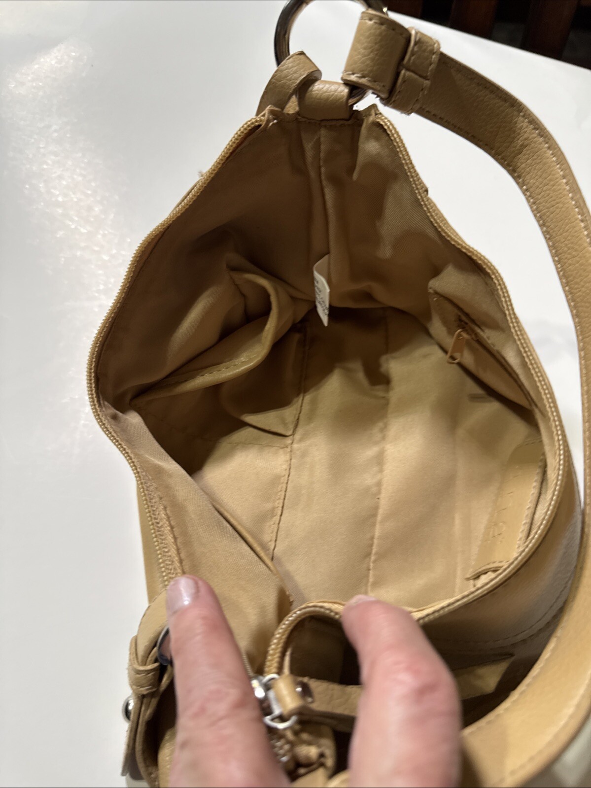 A.N.A~ A New Approach Pebble Handbag Tan Silver Trim 12 X 7 Inch