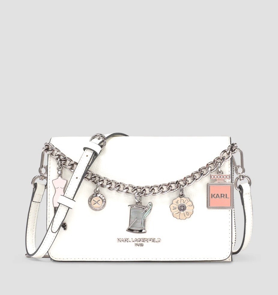 Karl Lagerfeld Paris The Lourdes Swag Chain Crossbody Bag Winter White /Gold