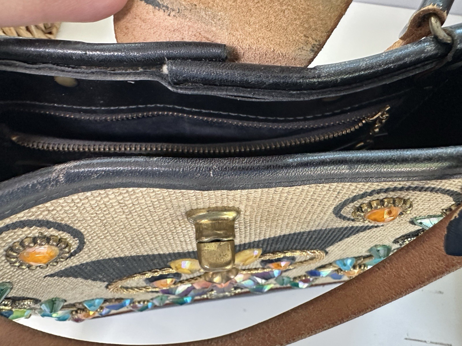 Enid Collins Wise Owl/Black Floral Beaded Top Handle Bag, Latch, Lined, Pockets