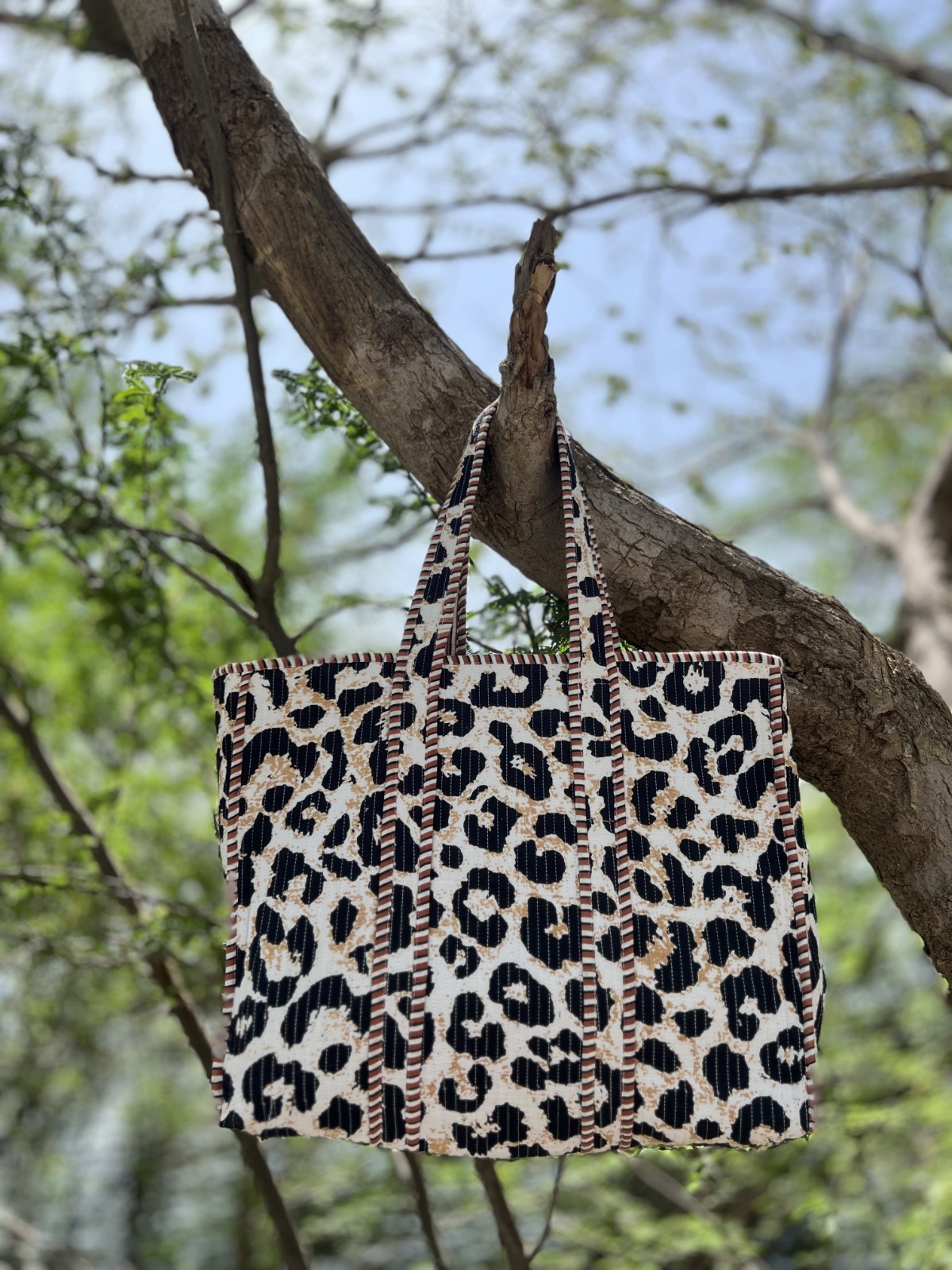 Handmade Quilted Cotton Tote Bag Leopard Print Large Beach Shopper Travel Bag