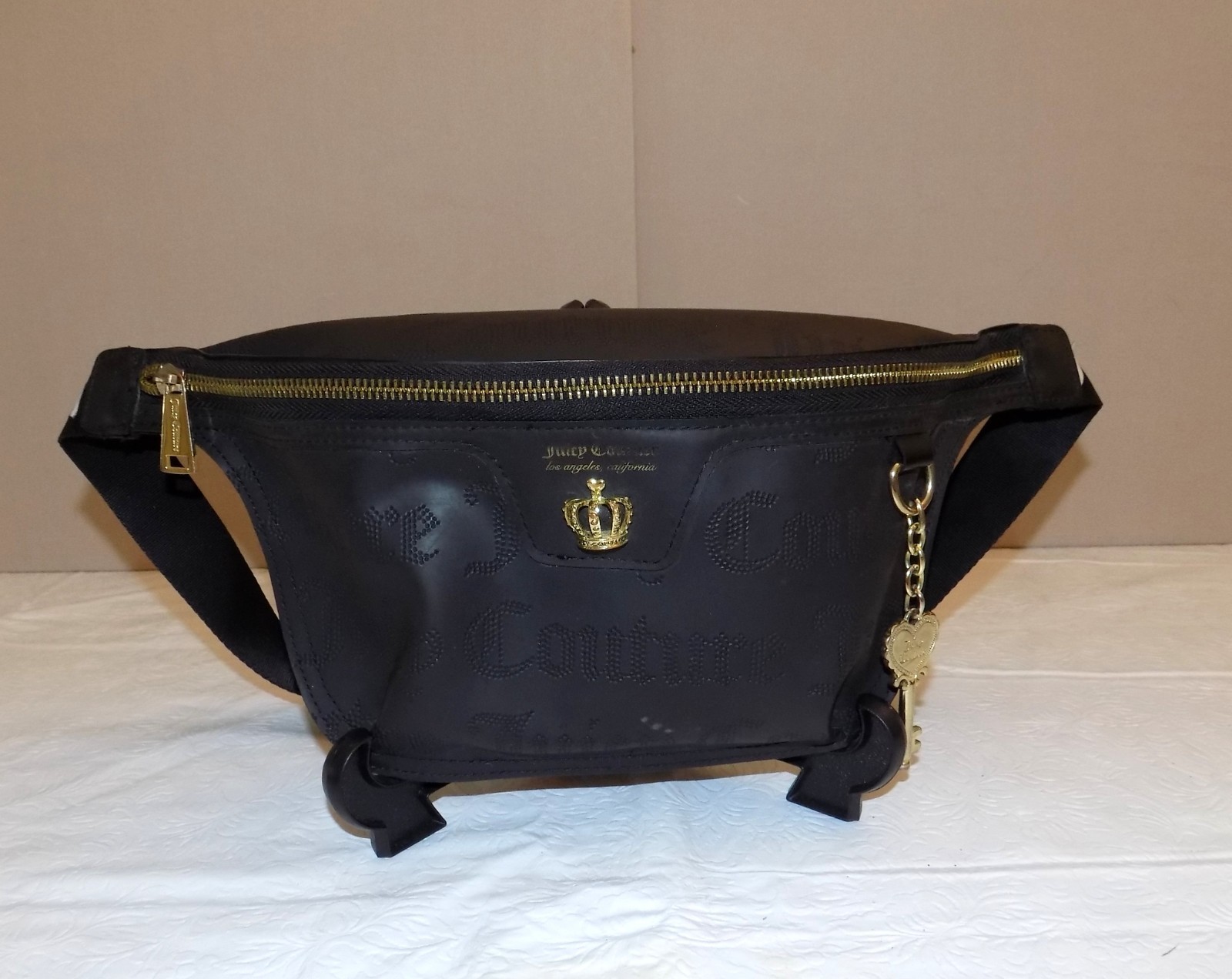 JUICY COUTURE Black Belt Bag Fanny Pack Gold Crown Key Zipper Laser Cut