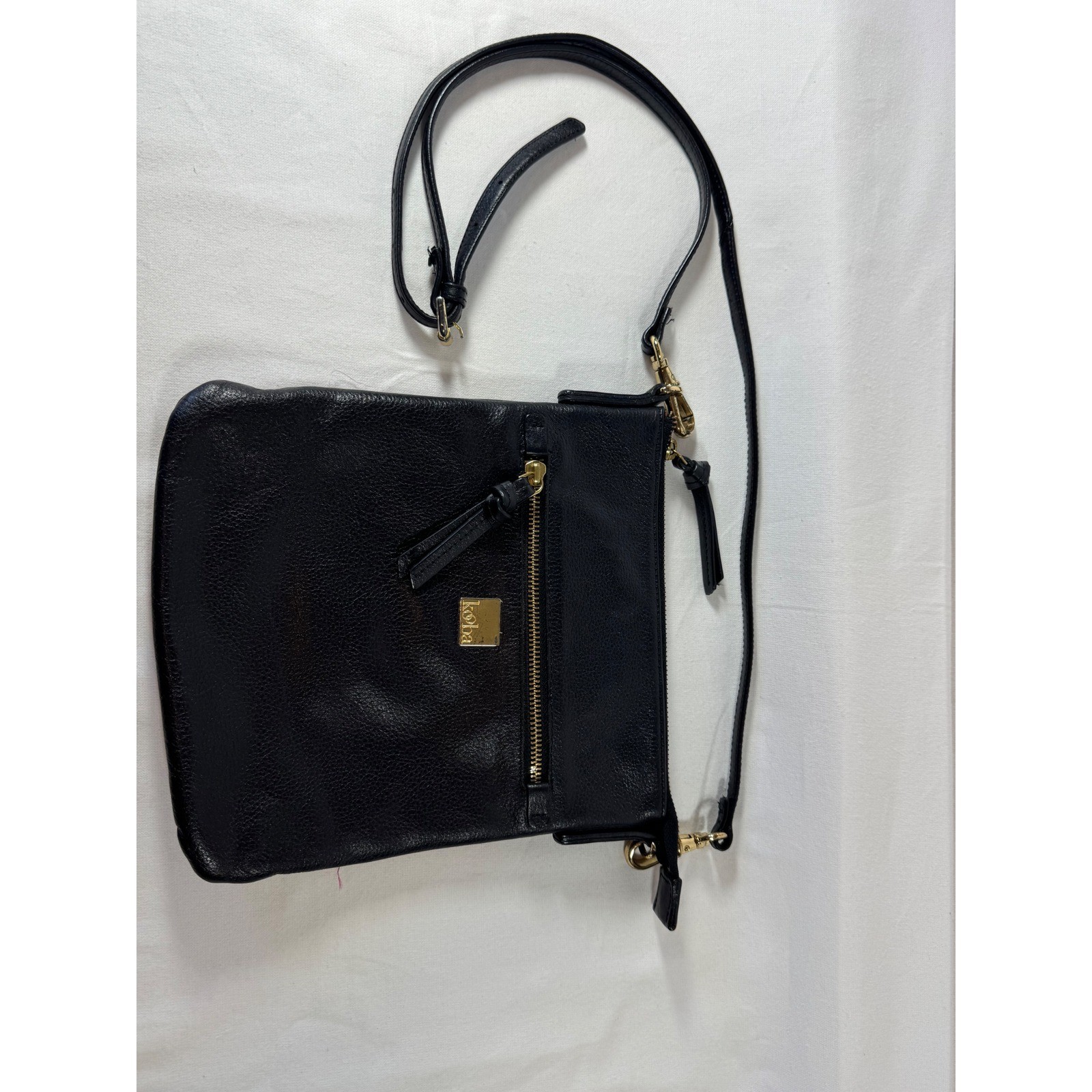Kooba Black Pebbled Leather Crossbody Bag Gold Hardware Slim Messenger Purse