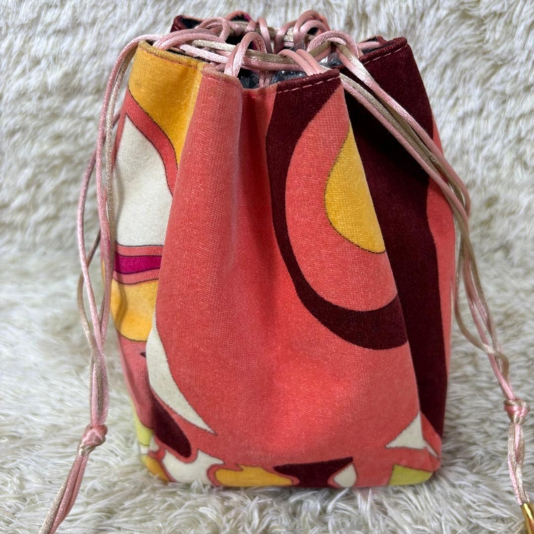Emilio Pucci Drawstring Handbag Velvet All-Over Print Gold Hardware Italy