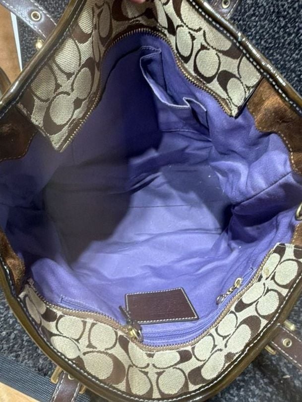 Vintage Coach Holiday Patchwork Tote Bag in Brown and Purple Suede and Signature