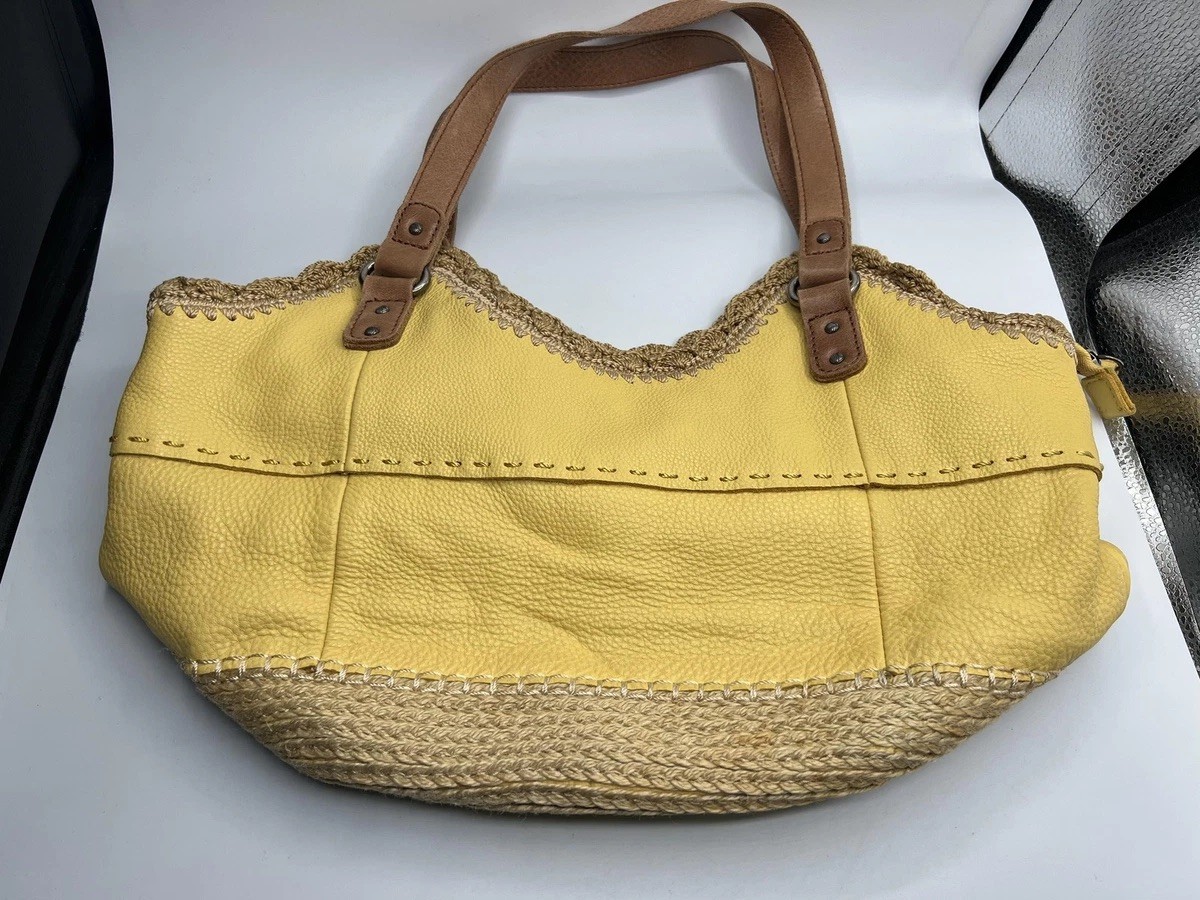The Sak Indio Large Yellow Leather Satchel Hobo Crochet Trim Espadrille Bottom