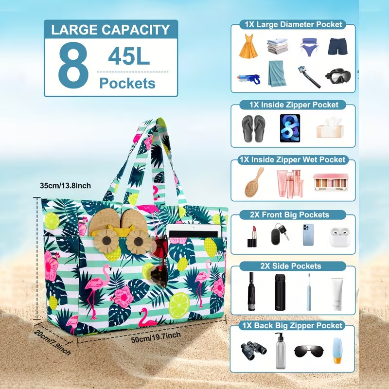 Oversized, Beach Tote Bag Large, Zipper Travel Shoulder Bag, Foldable Pool Tote