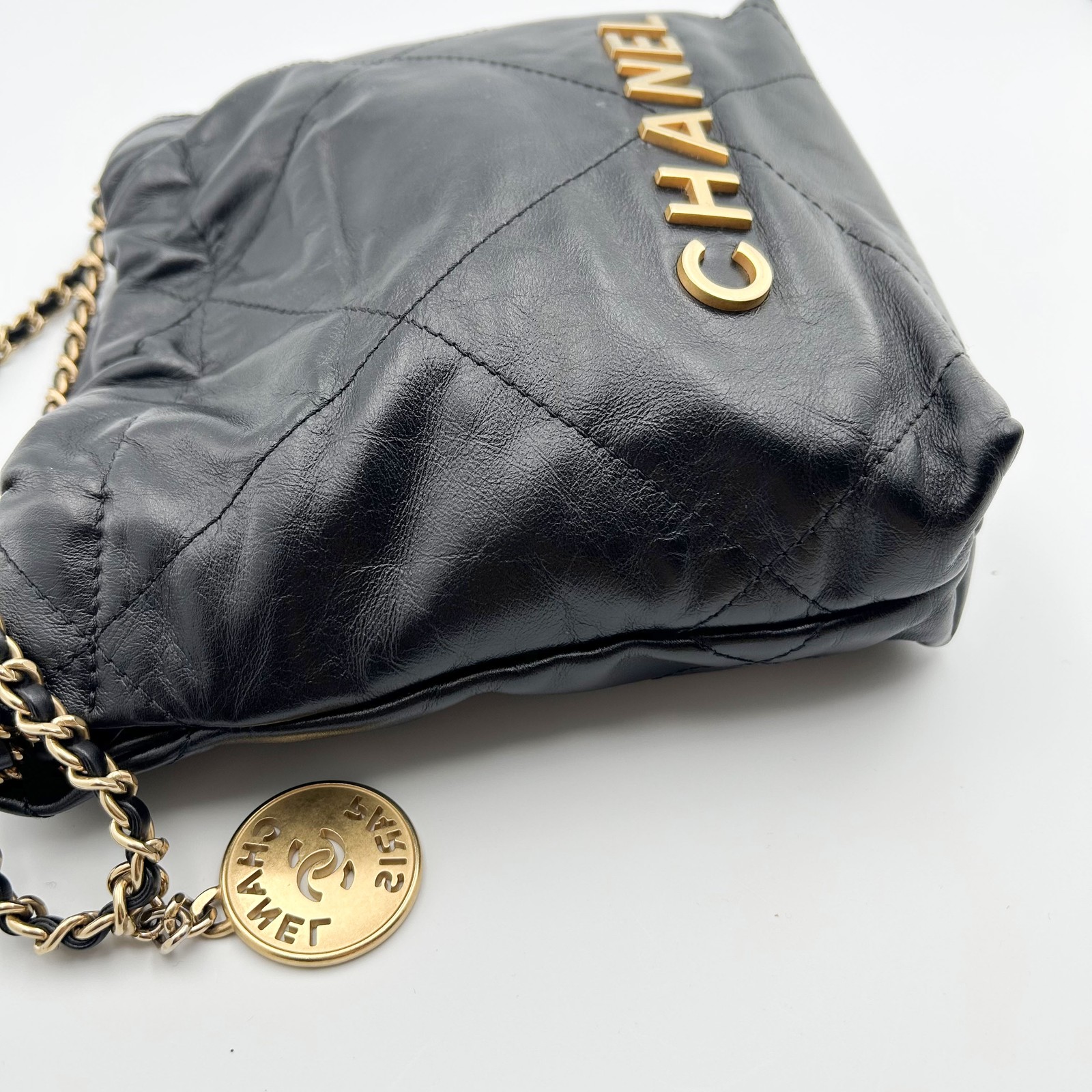 CHANEL 22 Mini Black Shiny Calfskin Drawstring Chain Shoulder Bag AS3980 Gold HW