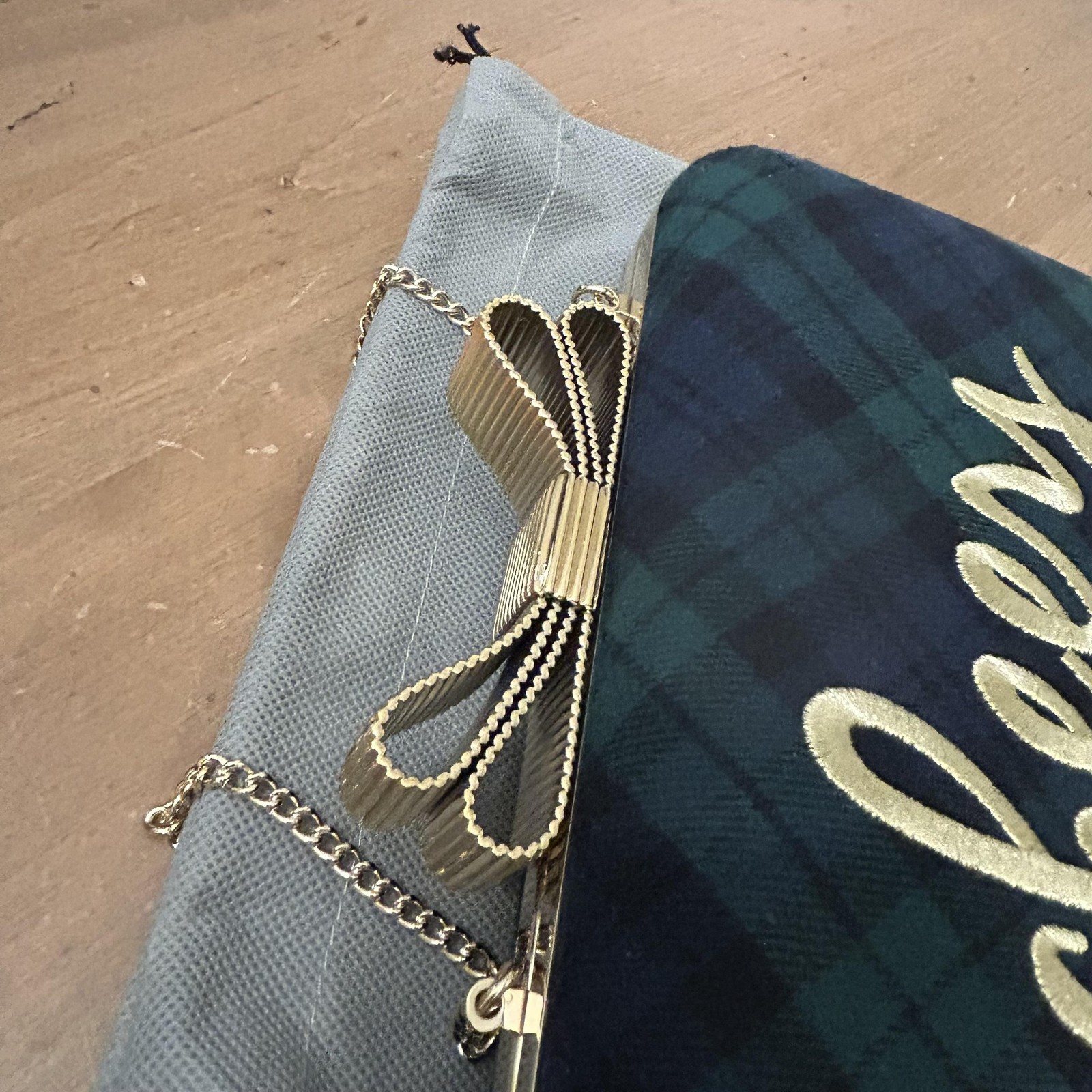 Talbots Clutch Womens Small Green Plaid Cheers Bow Chain Strap Holiday Purse