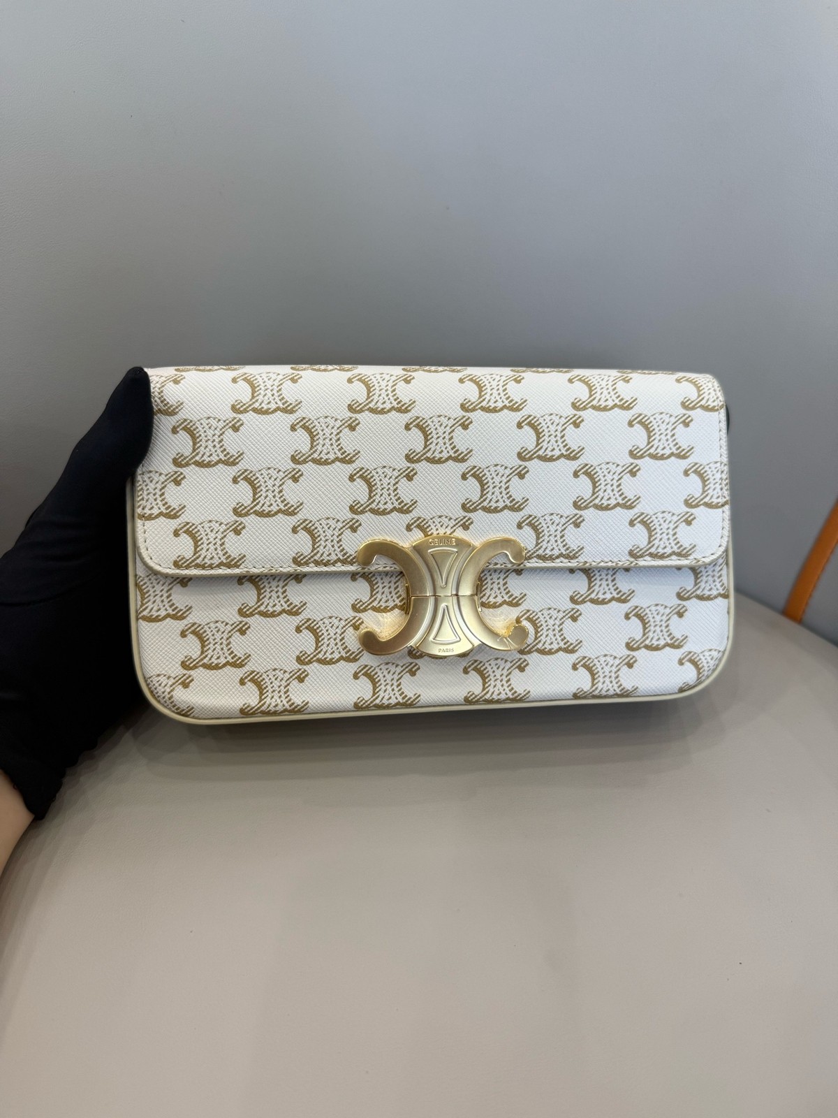 CELINE Claude Triomphe Shoulder Bag Canvas Leather White Brown Used