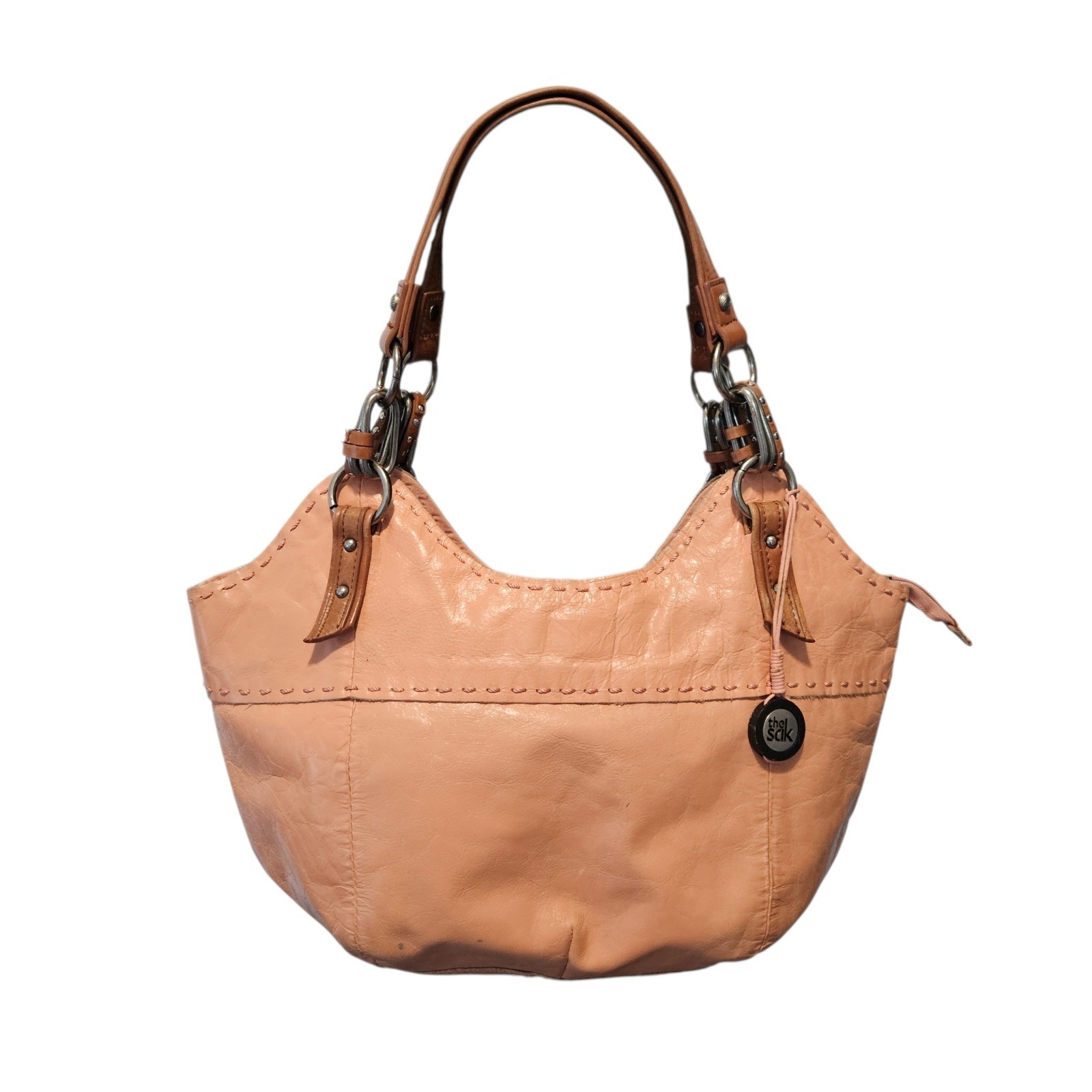 THE SAK 16″ Solid Pink Leather Bag Vintage Brown Strap Handbag Purse + Pockets