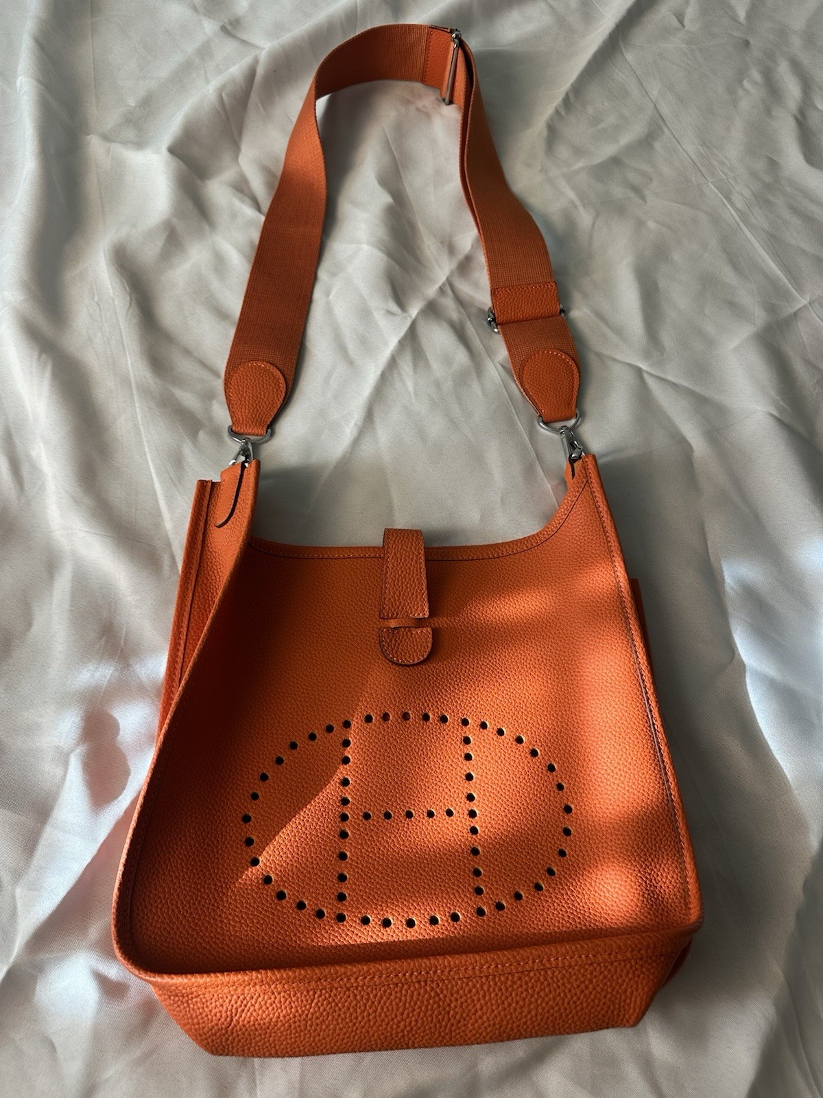Orange Pebbled Leather Crossbody Shoulder Bag | Adjustable Strap | Evelyne Style