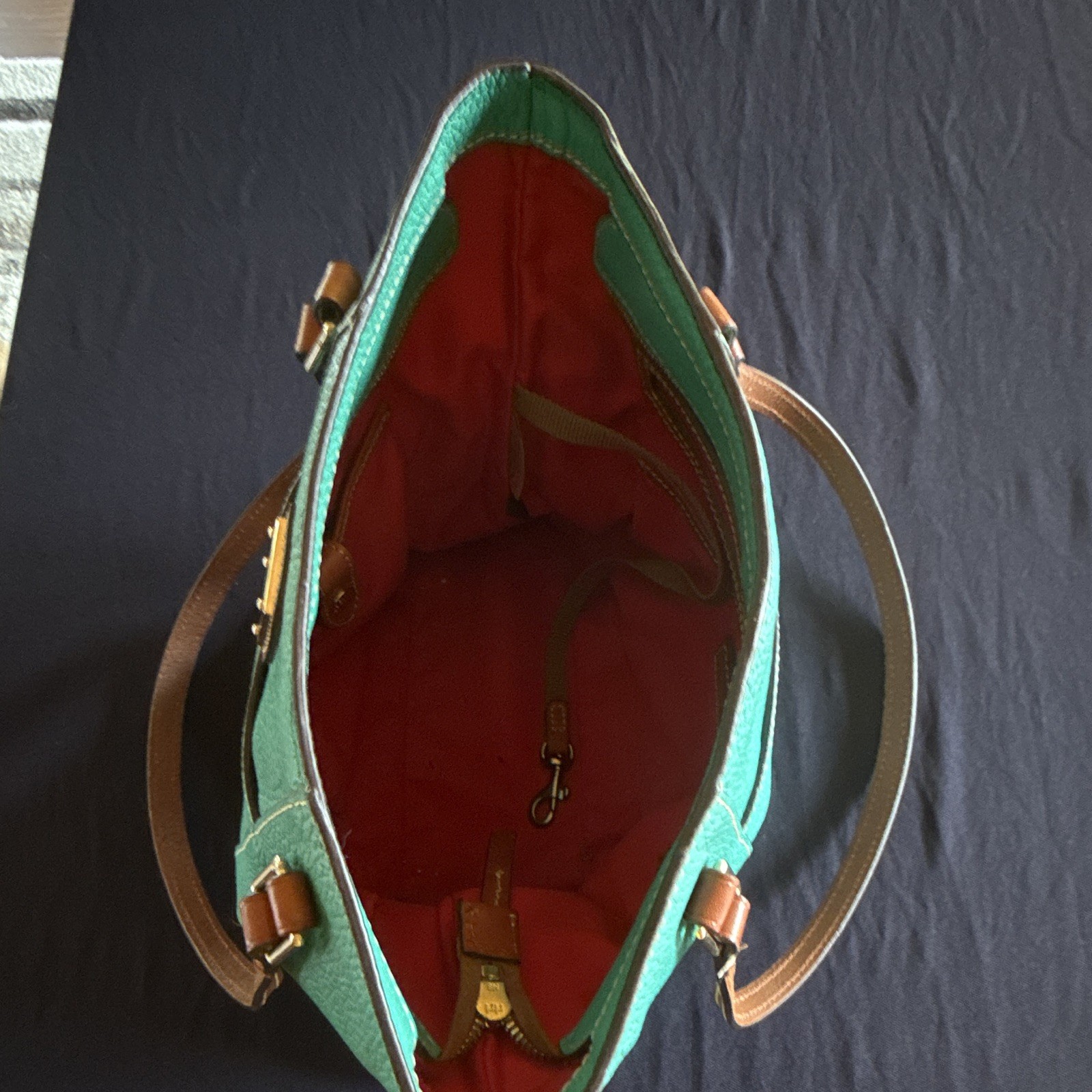 Dooney & Bourke Green Pebbled Zip Top Tote, Gold Hardware, Red Lined Pockets