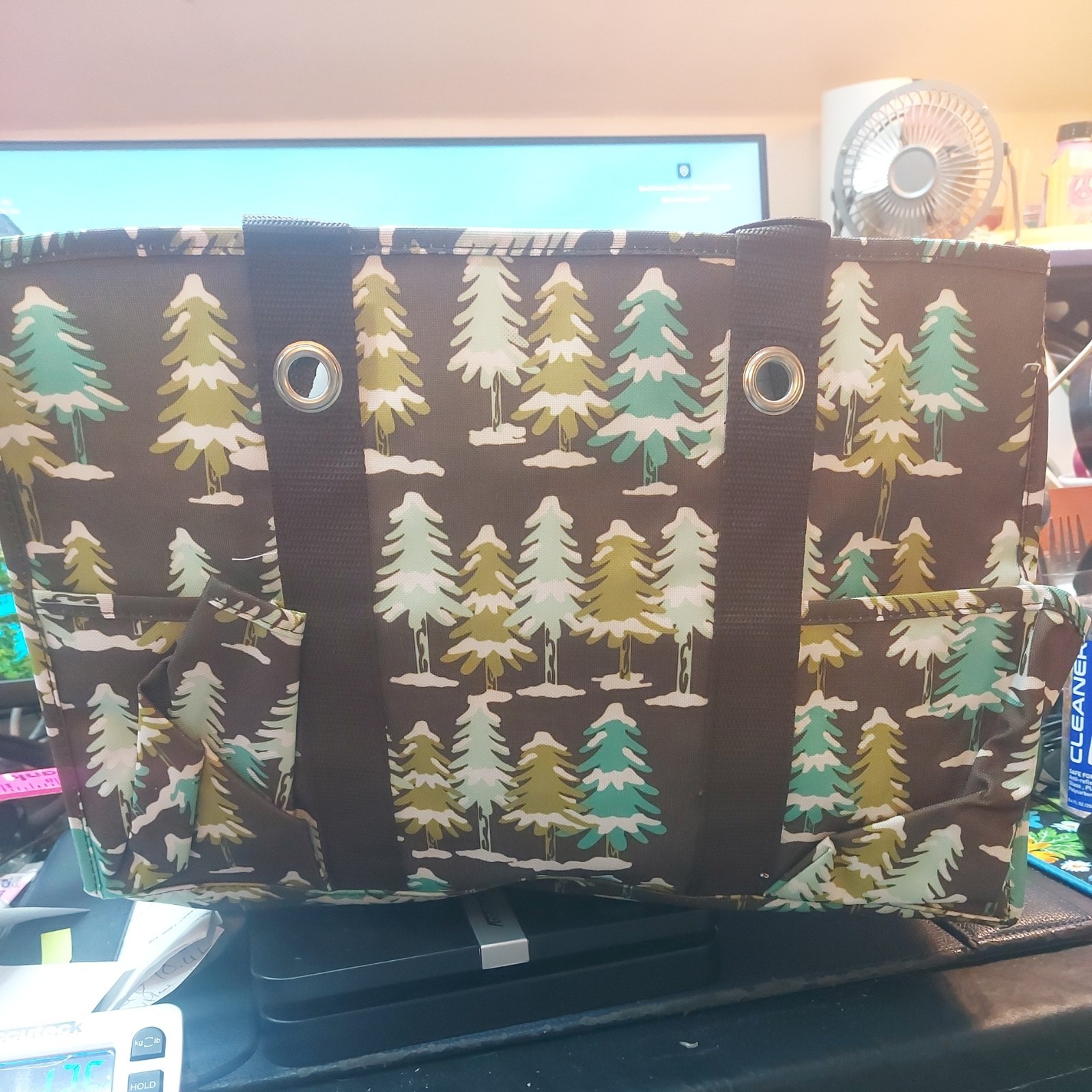 Thirty One Organizing Utility Tote Brown Winter Trees w/Let It Snow Embroidered