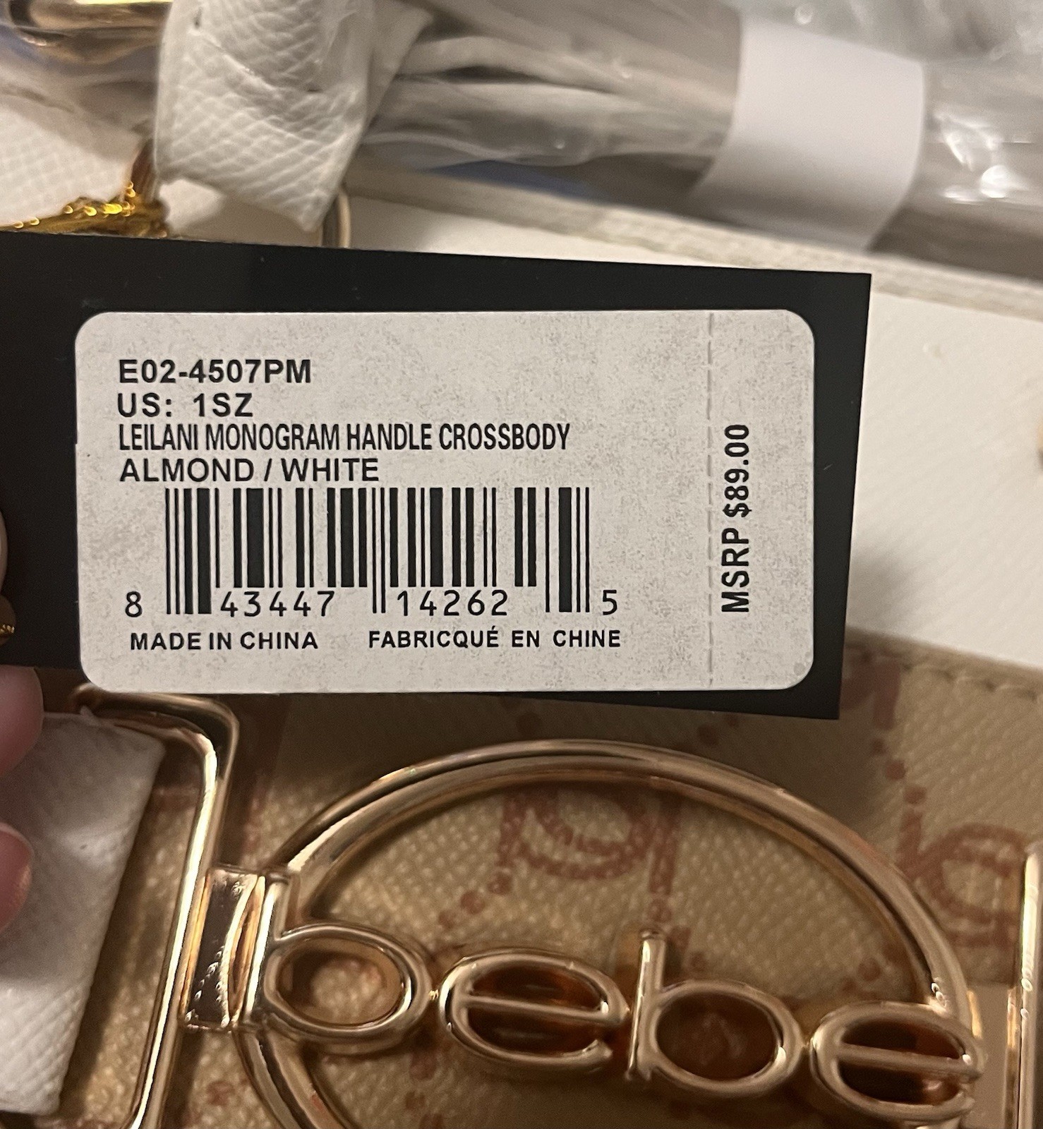 bebe Almond/White Monogram Small Crossbody Bag, Double Handles, Zip, Gold