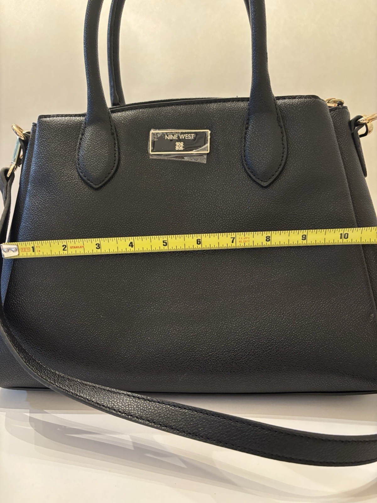 Nine West Black Pebbled Satchel Top Handle Bag, Detachable Crossbody, Zip, Gold