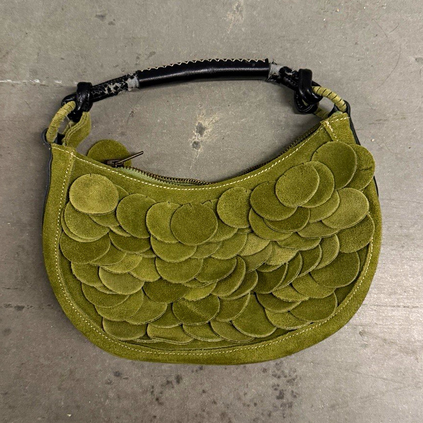 Vintage Y2K Olive Green Suede Petal Disc Crescent Hobo Shoulder Bag Boho Purse