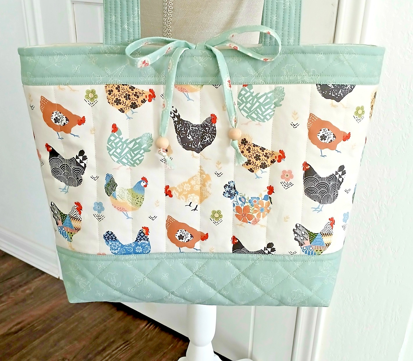 New! Colorful Quilted Tote Bag w/ Fancy Hens, Handmade Shoulder Bag, Chickens