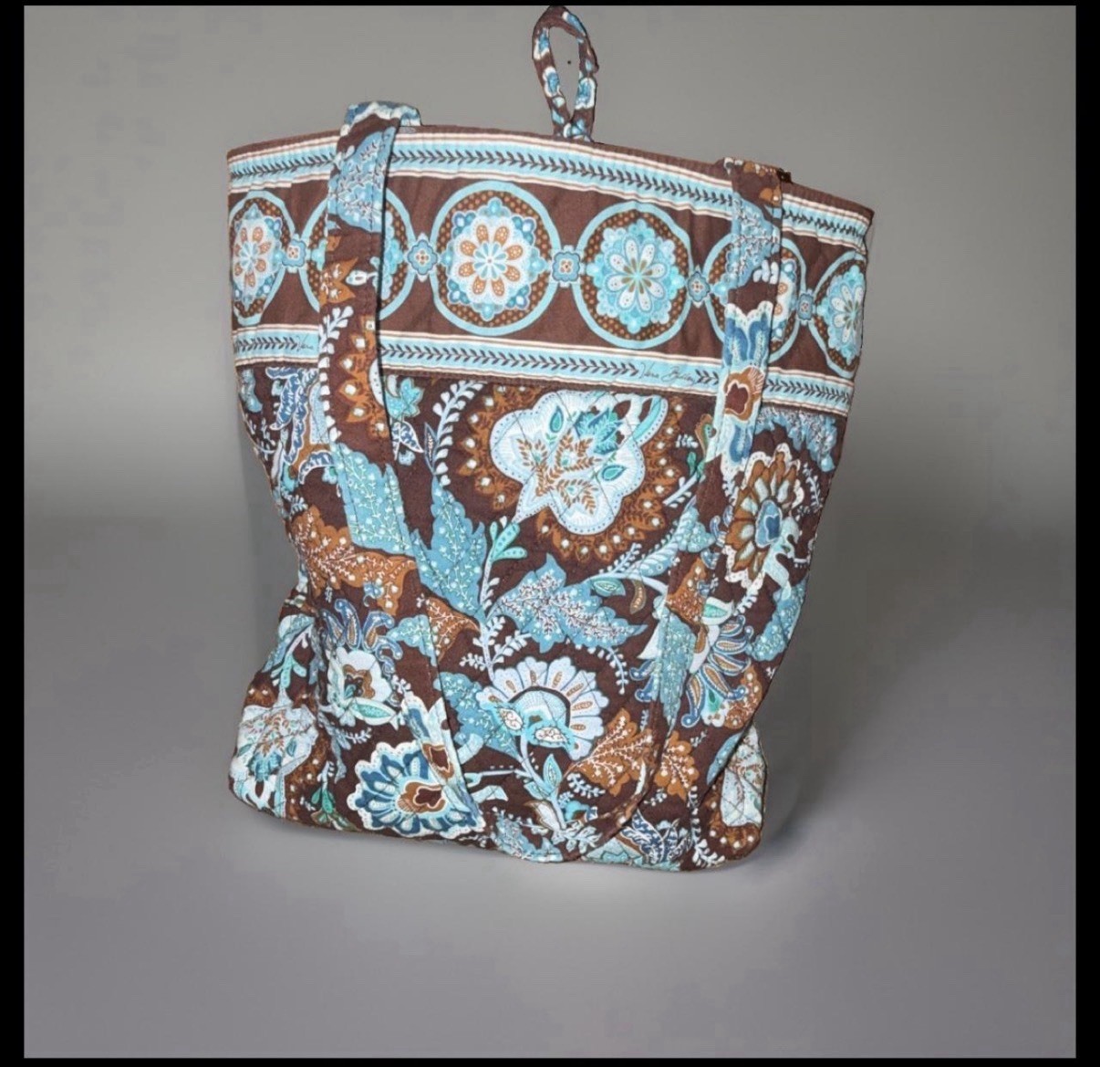 Vera Bradley Brown Blue White Floral Tote Bag Zip Top Inner Pockets Lined