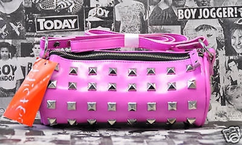 Pink Studded Rave Cylinder Bag with Long Strap Punk Rock Club Glam Metal