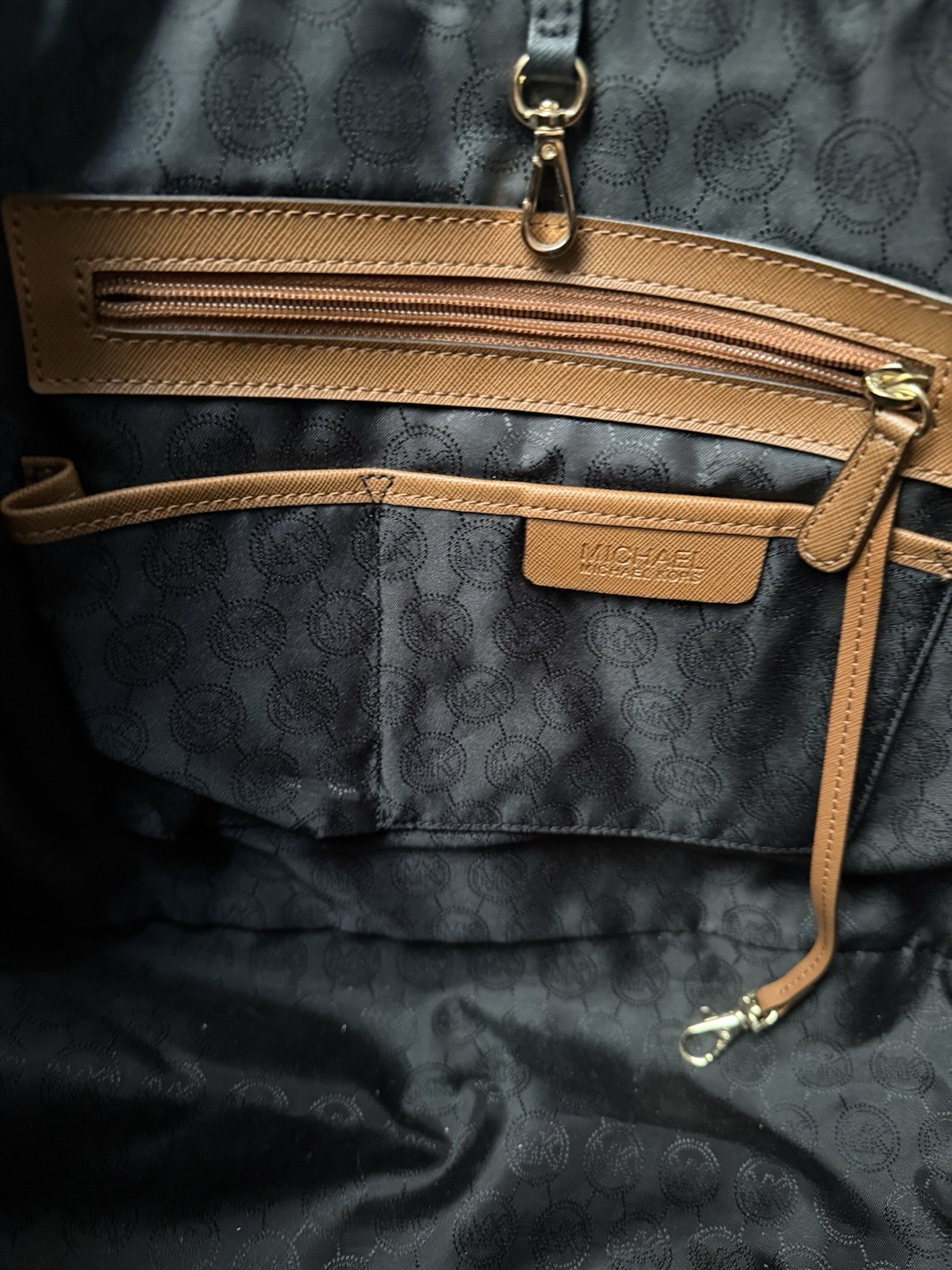 Michael Kors tote, three-tone colorblock design in tan, white, and black.
