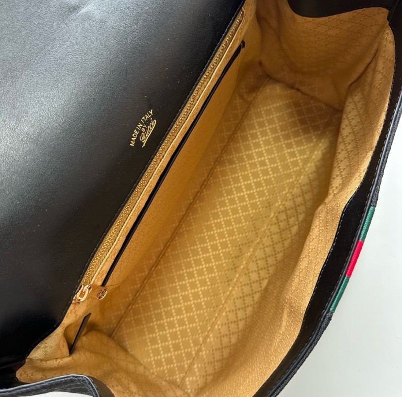 Gucci GG Pattern Web Stripe Top Handle Bag w/ Detachable Strap Flap Gold