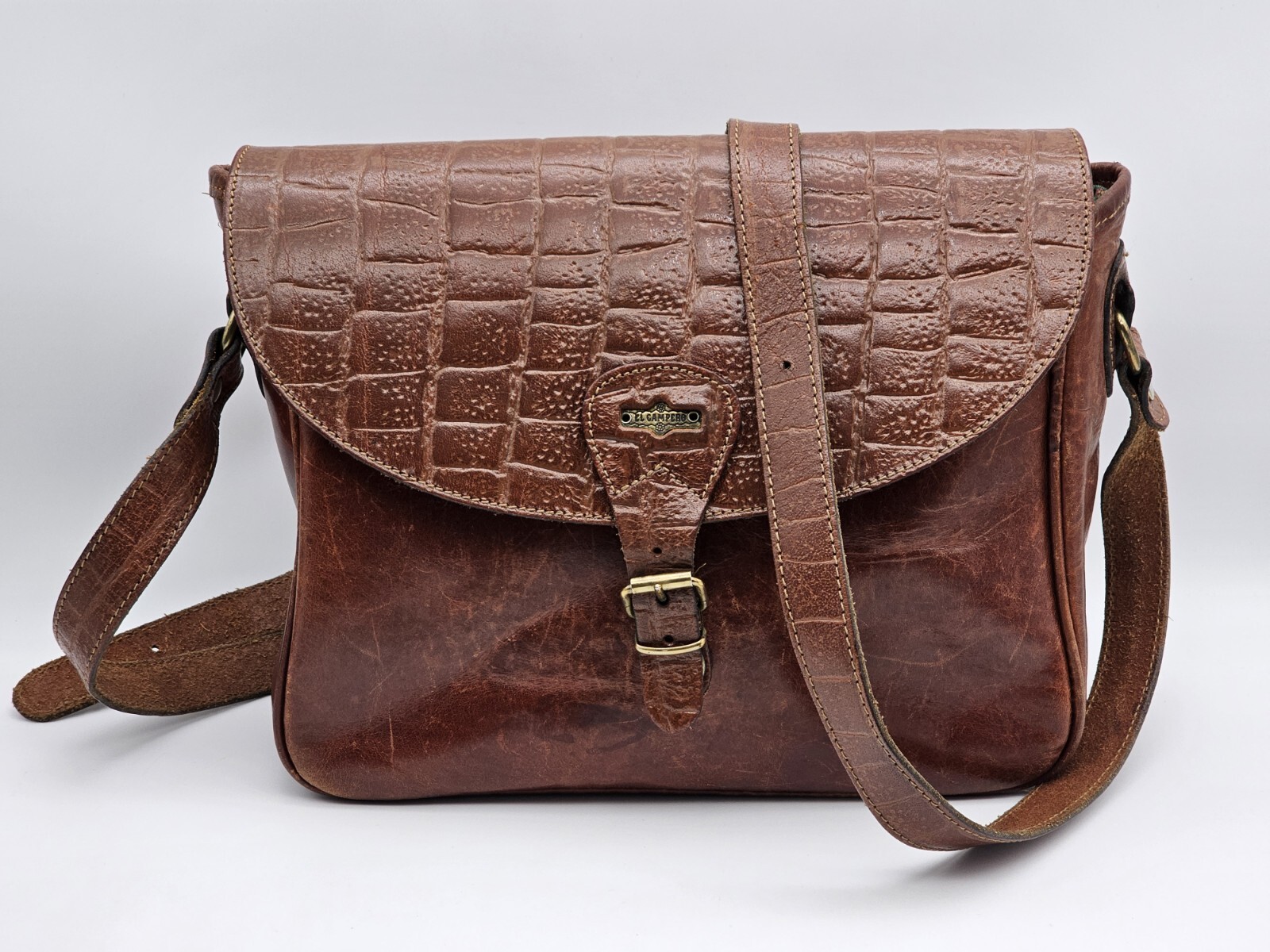 Vintage 80s El Campero Croc Embossed Brown Leather Fold Over Bag Satchel Strap