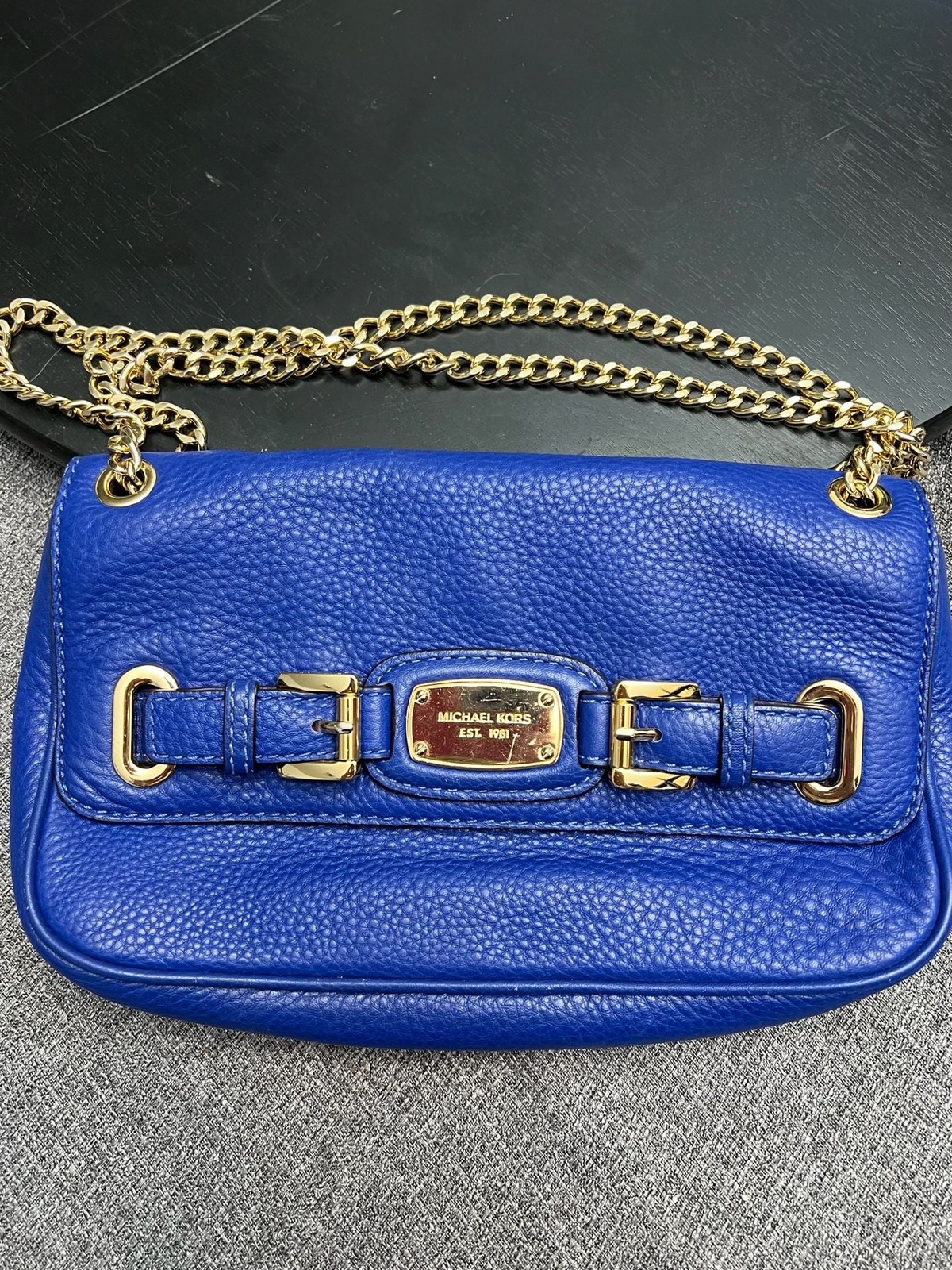 Michael Kors Hamilton Flap Shoulder Bag in Blue Leather with Gold-Tone Hardware
