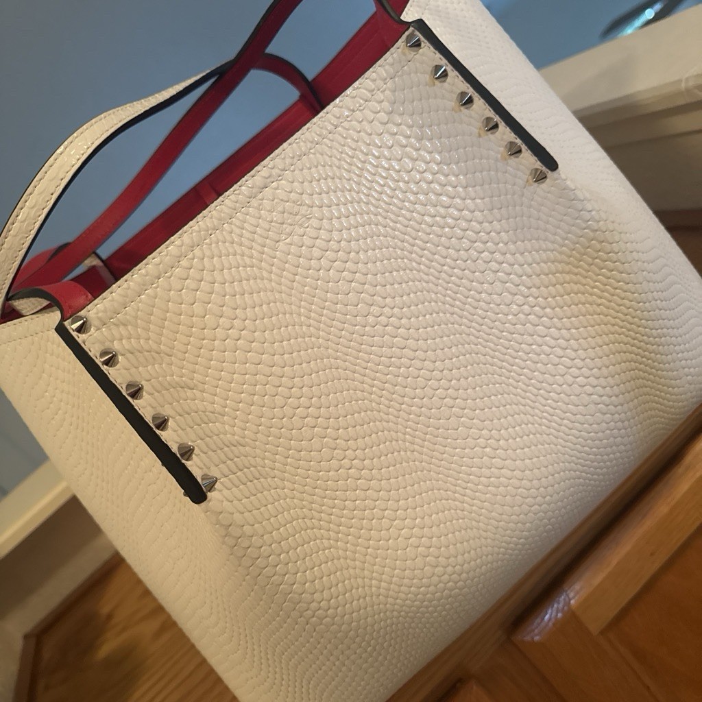 Christian Louboutin Large White Textured Studded Tote Red Lining Pouch Open