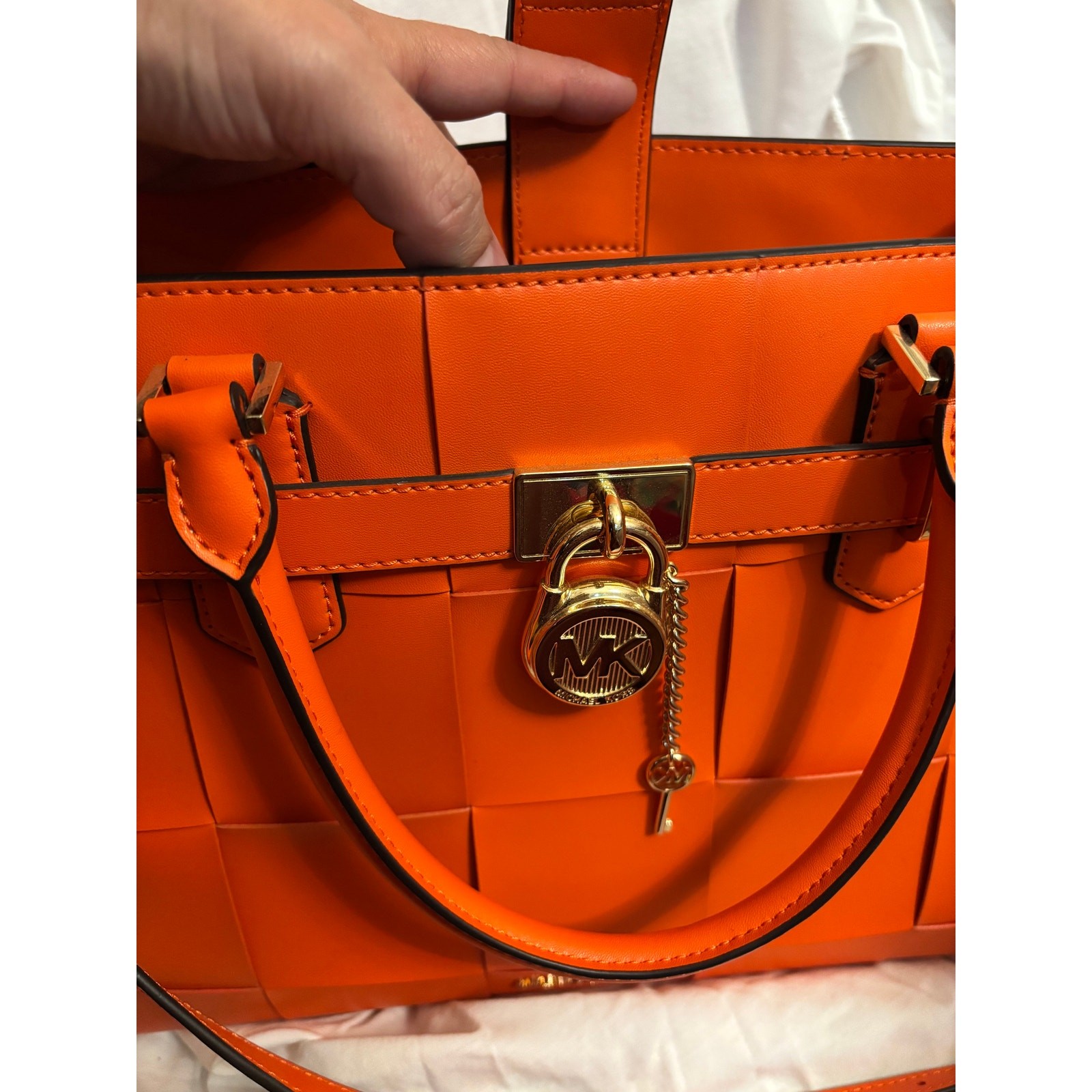 Michael Kors Saffiano Leather Medium Hamilton Woven Satchel in Poppy Orange