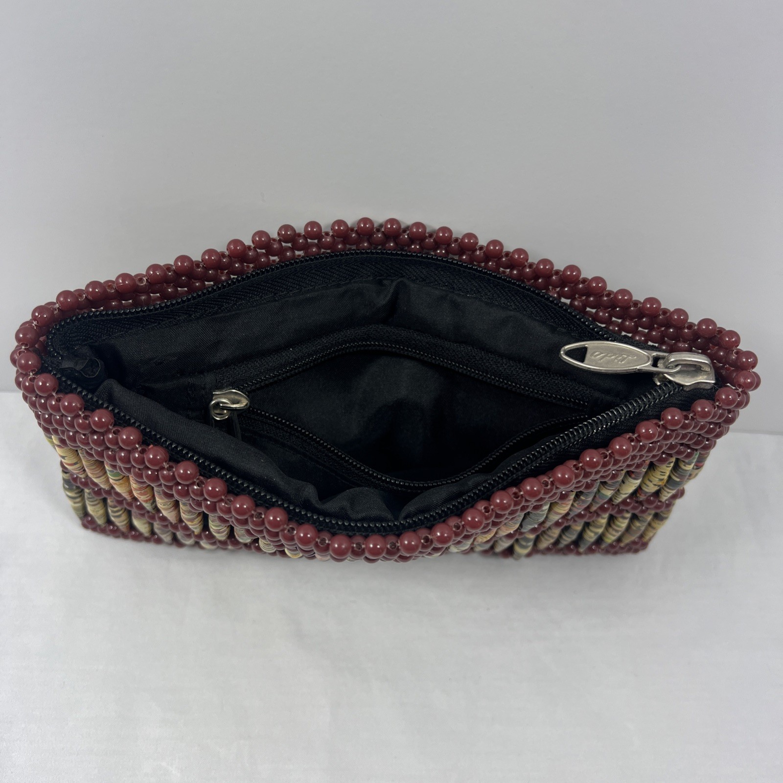Recycled Paper Hand Beaded Clutch Bag Purse Artisan Maroon Fabric Lined Zipper