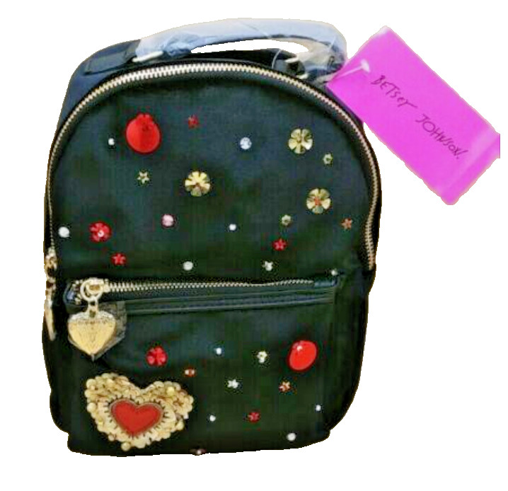Betsey Johnson Hearts Afire Bejeweled Bling Backpack in Got Your Back Black-NWT-
