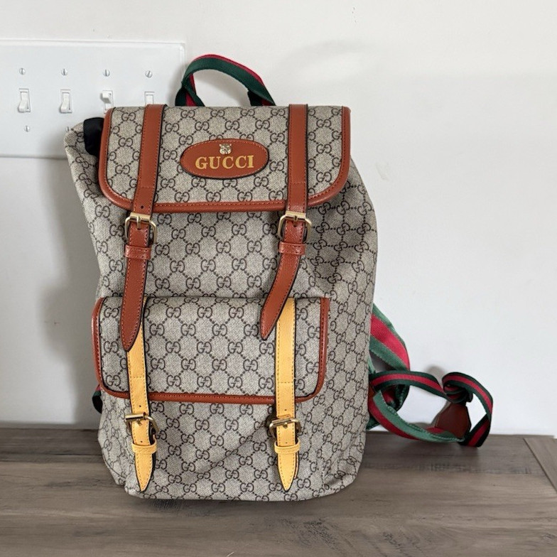 Gucci GG Pattern Backpack Buckle Closure Green/Red Web Straps Beige/Brown