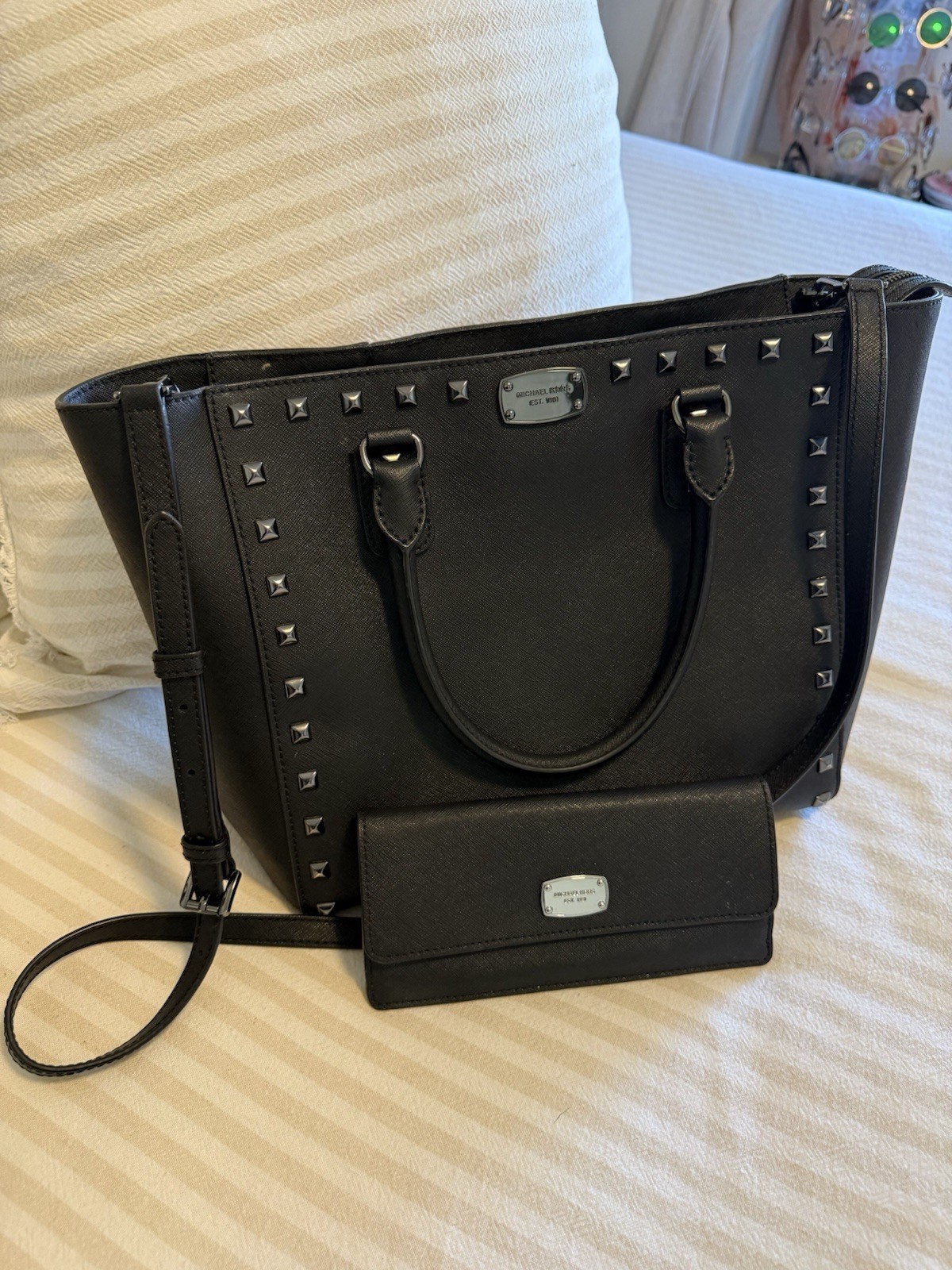 Michael Kors Black Studded Zip Tote w/ Detachable Strap, Silver Hardware