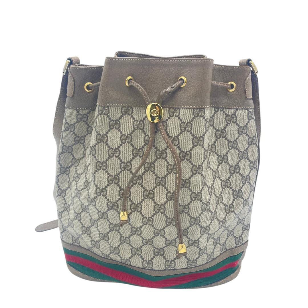 Gucci GG Drawstring Bucket Shoulder Bag Web Stripe Beige Brown Auth