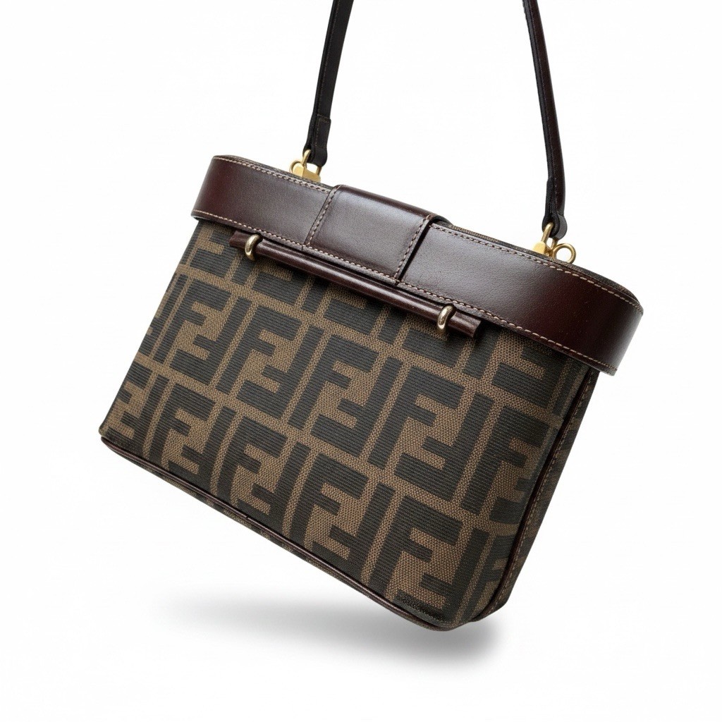 Authentic FENDI Zucca Monogram Vanity Case Box Bag Brown Canvas Gold Hardware
