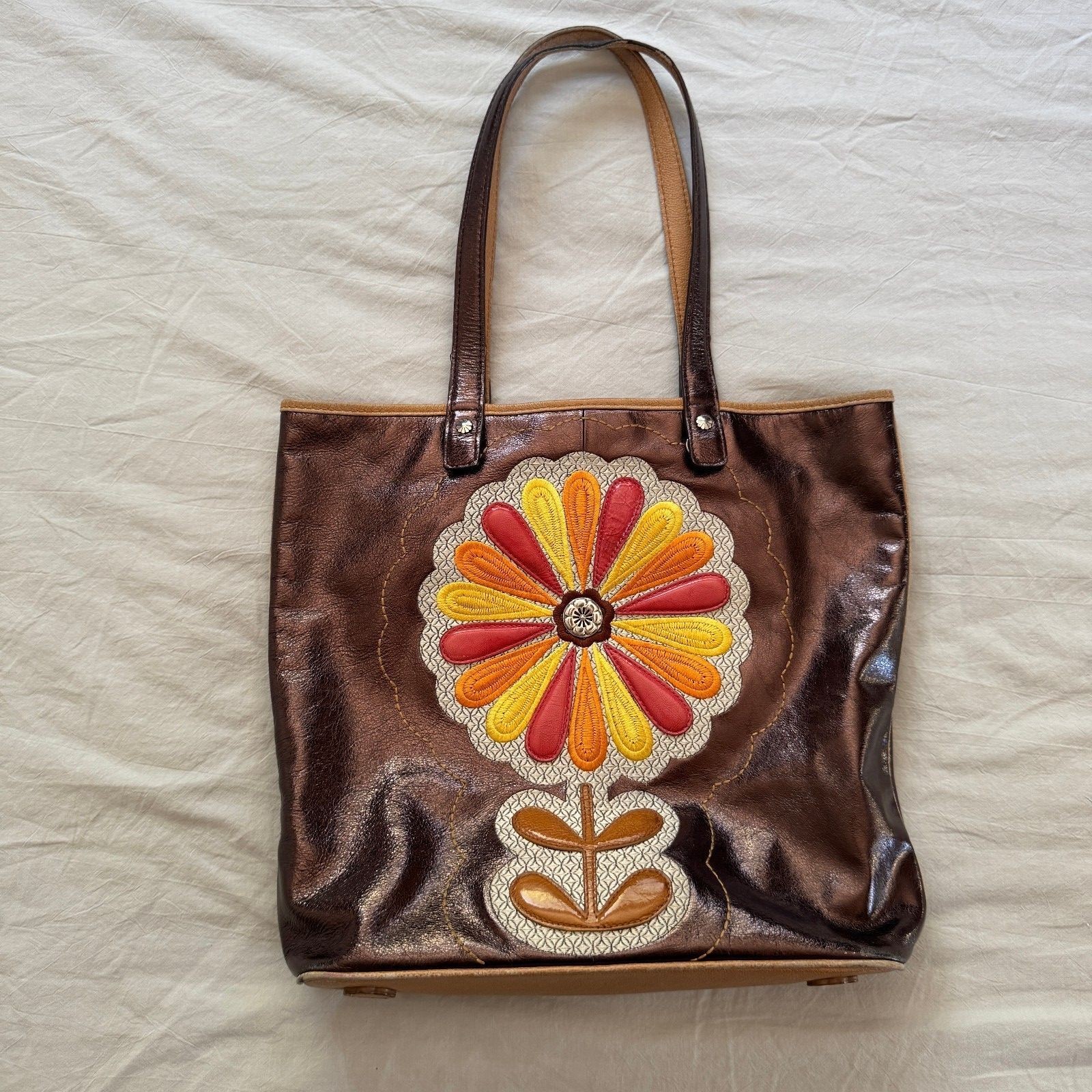 Brighton Zany Sunny Pop Tote Metallic Bronze Leather Embroidered Flower Y2K Boho
