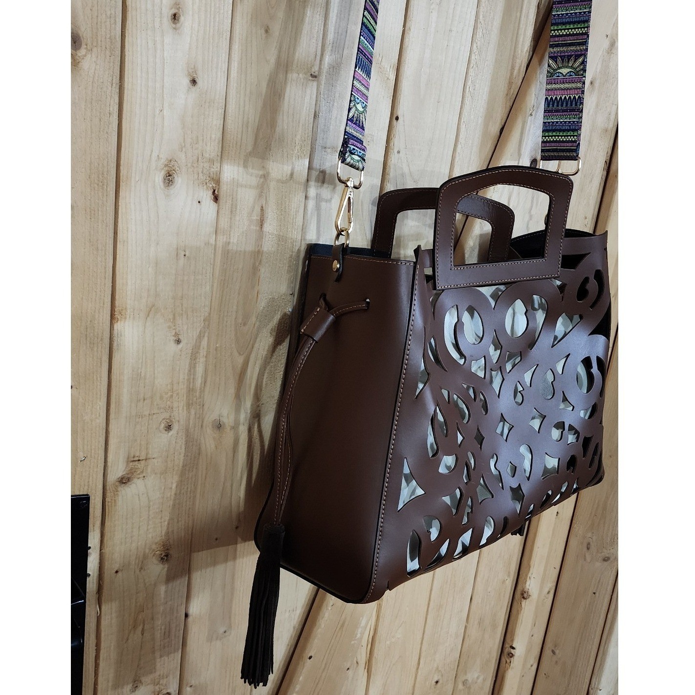 A. Bellucci Italy Brown Leather Laser Cut Tote Bag Guitar Strap Tassel Handbag