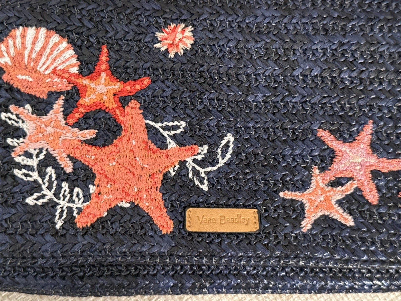 Vera Bradley Straw Wristlet Clutch Navy Blue Pink Star Fish Tropical Embroidered