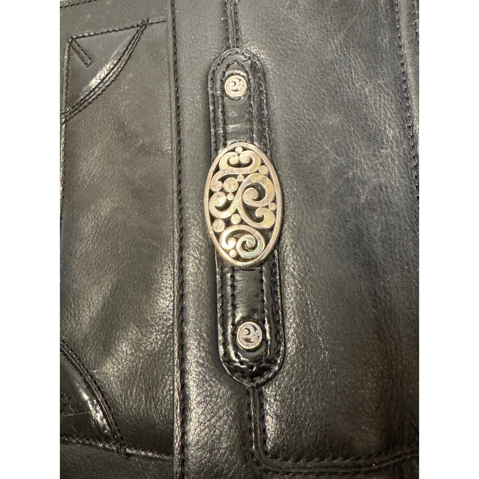 Brighton Contemporary City Black Leather Crossbody Bag Ornate Silver Medallion