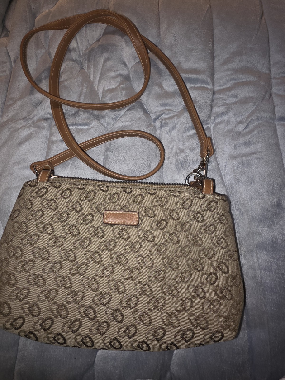 Beige Brown Logo Crossbody Bag Zip Snap Detachable Adjustable Strap Silver