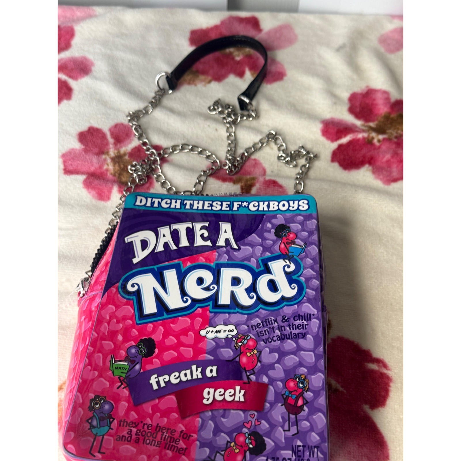 Dolls Kill cross body bagDate a Nerd Freak a Geek Candy Parody Crossbody Bag