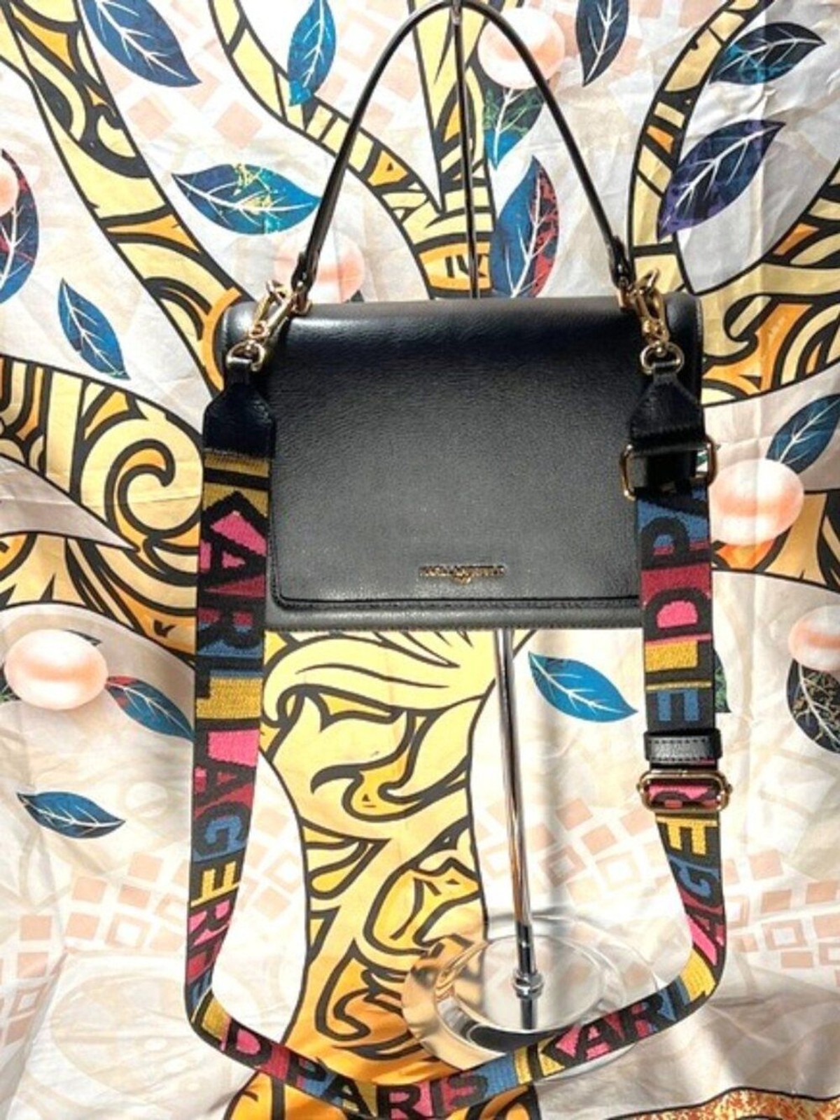 Karl Lagerfeld Black Crossbody Bag with Colorful Strap – EUC