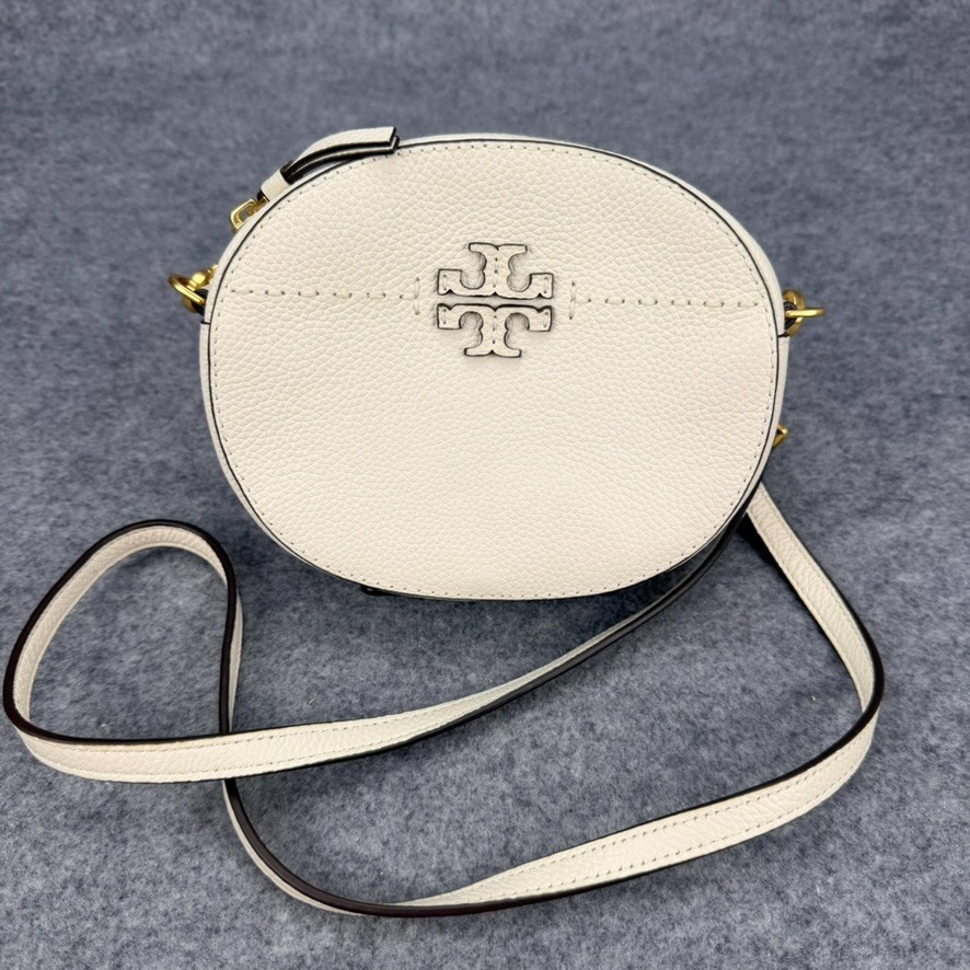 Tory Burch Perry Bombe Mini Bag White Leather Crossbody Camera Bag Gold Tone