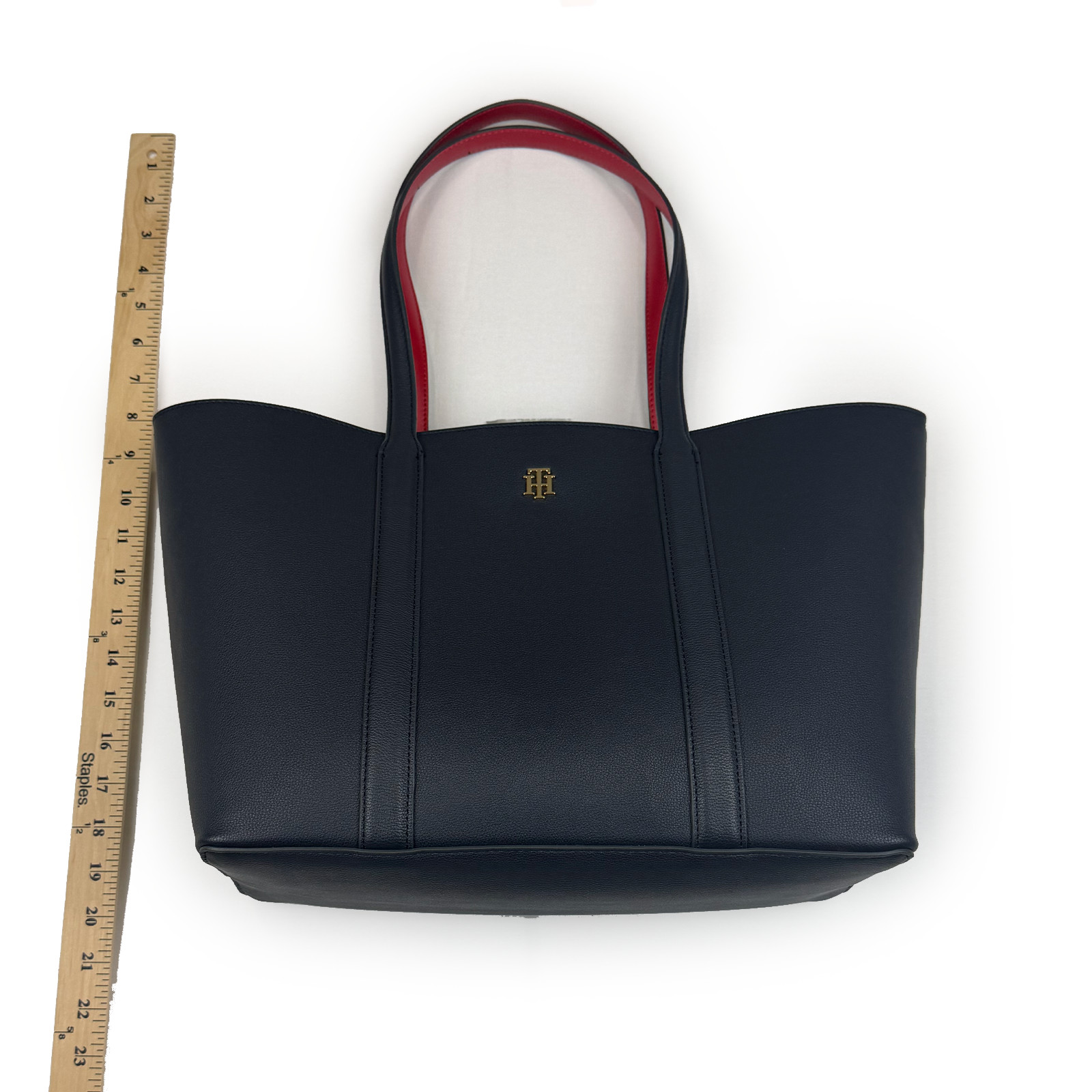 Tommy Hilfiger Tote Bag Navy Blue Handbag Gold Monogram Red Accent Shoulder Purs